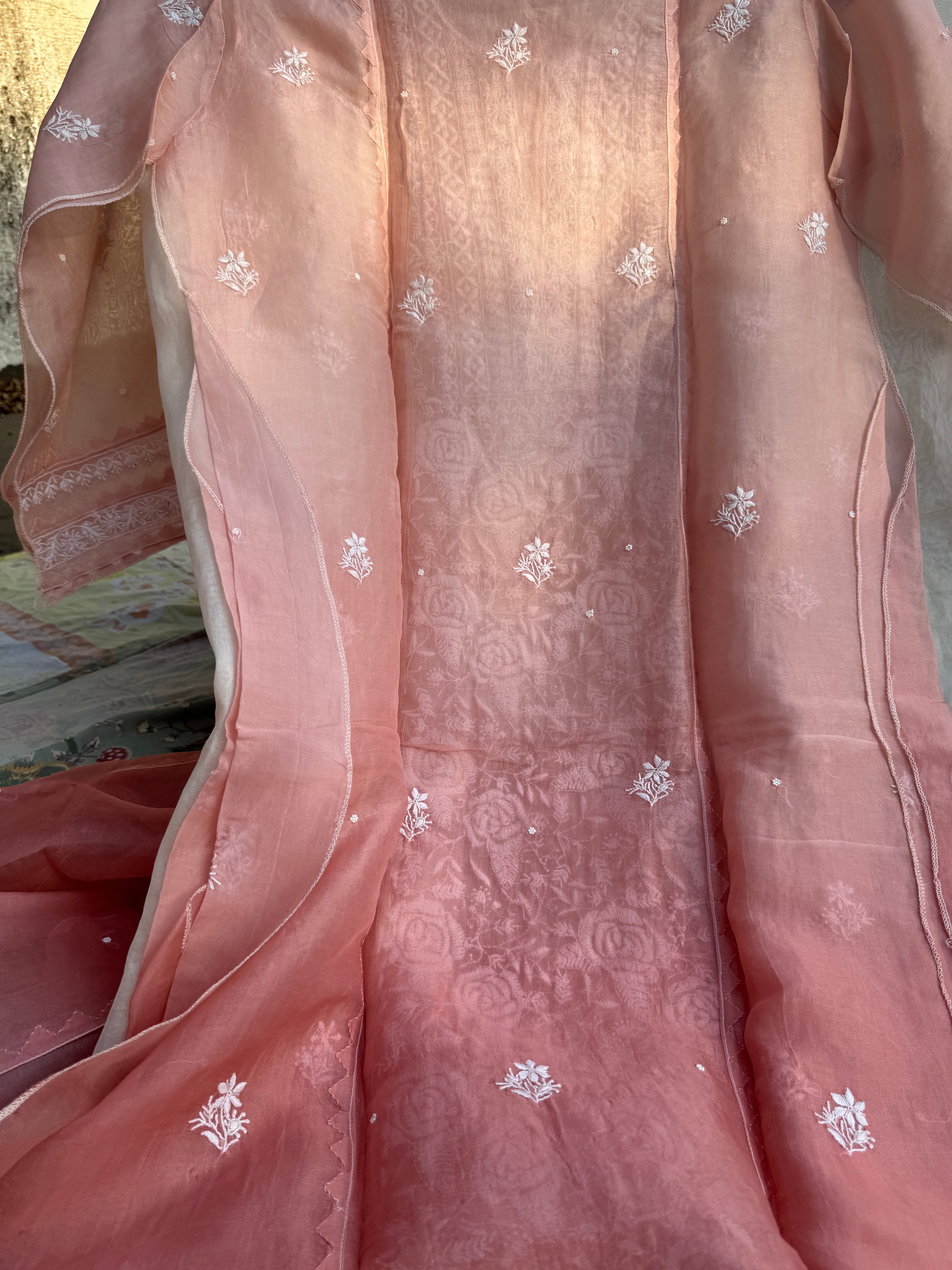 Organza Chikankari Length with Dupatta (Pearl Work) - Rosewood Ombre