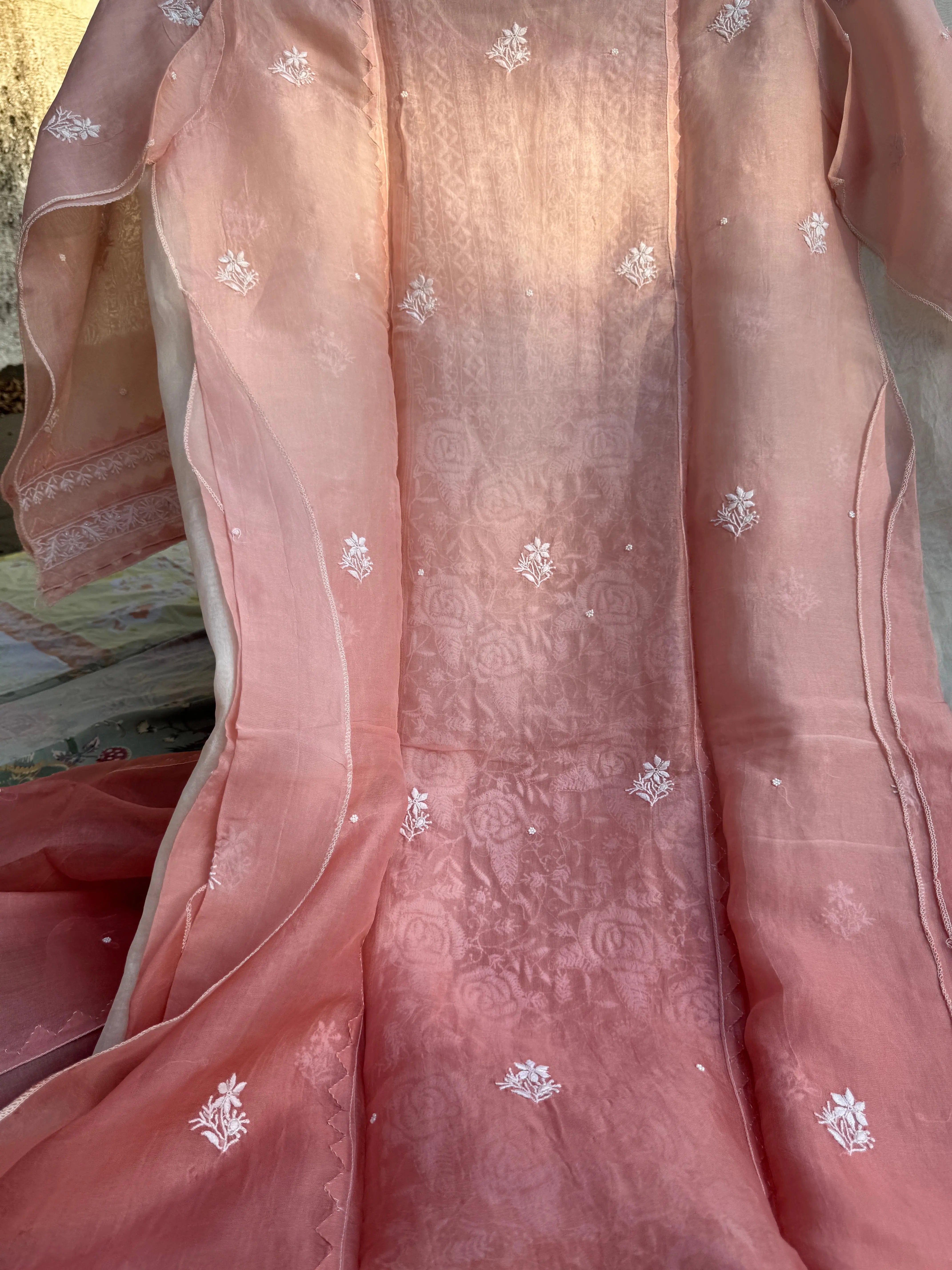 Organza Chikankari Length with Dupatta (Pearl Work) - Rosewood Ombre ARIAA CHIKANKARI