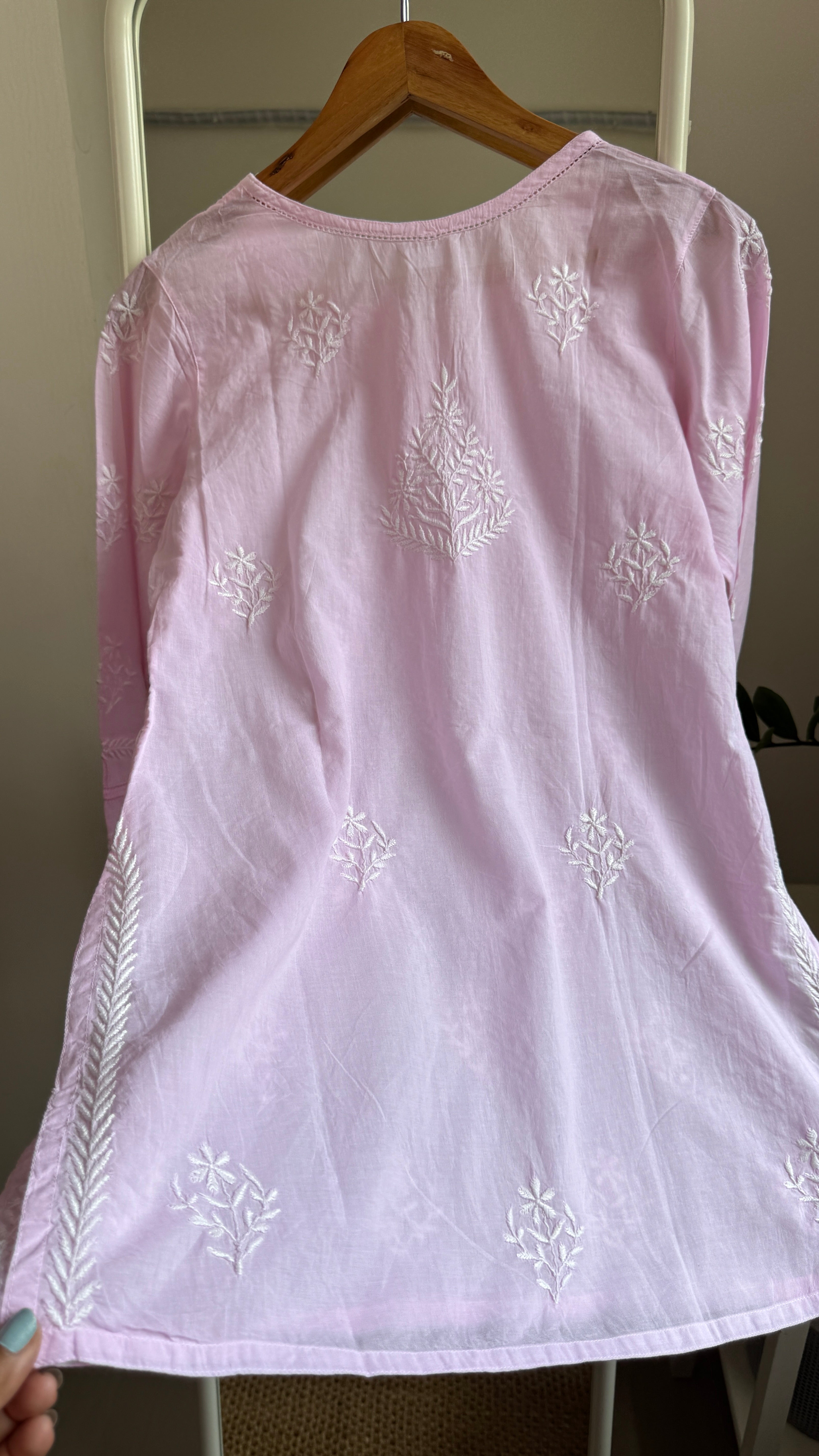 Mul Cotton Chikankari Full sleeves short Top - Pink - ZOYA Collection