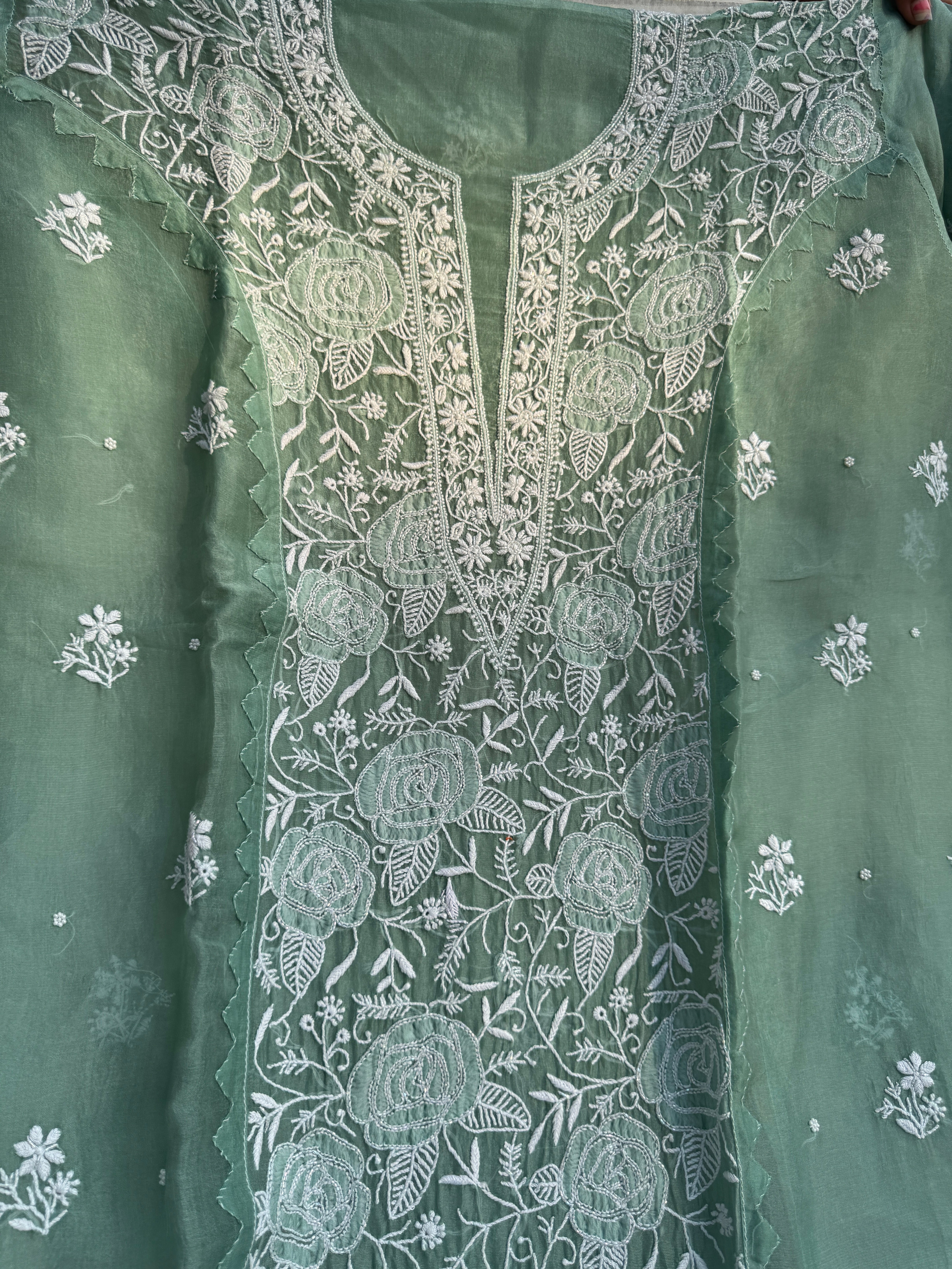 Organza Chikankari Length with Dupatta (Pearl Work) - Green