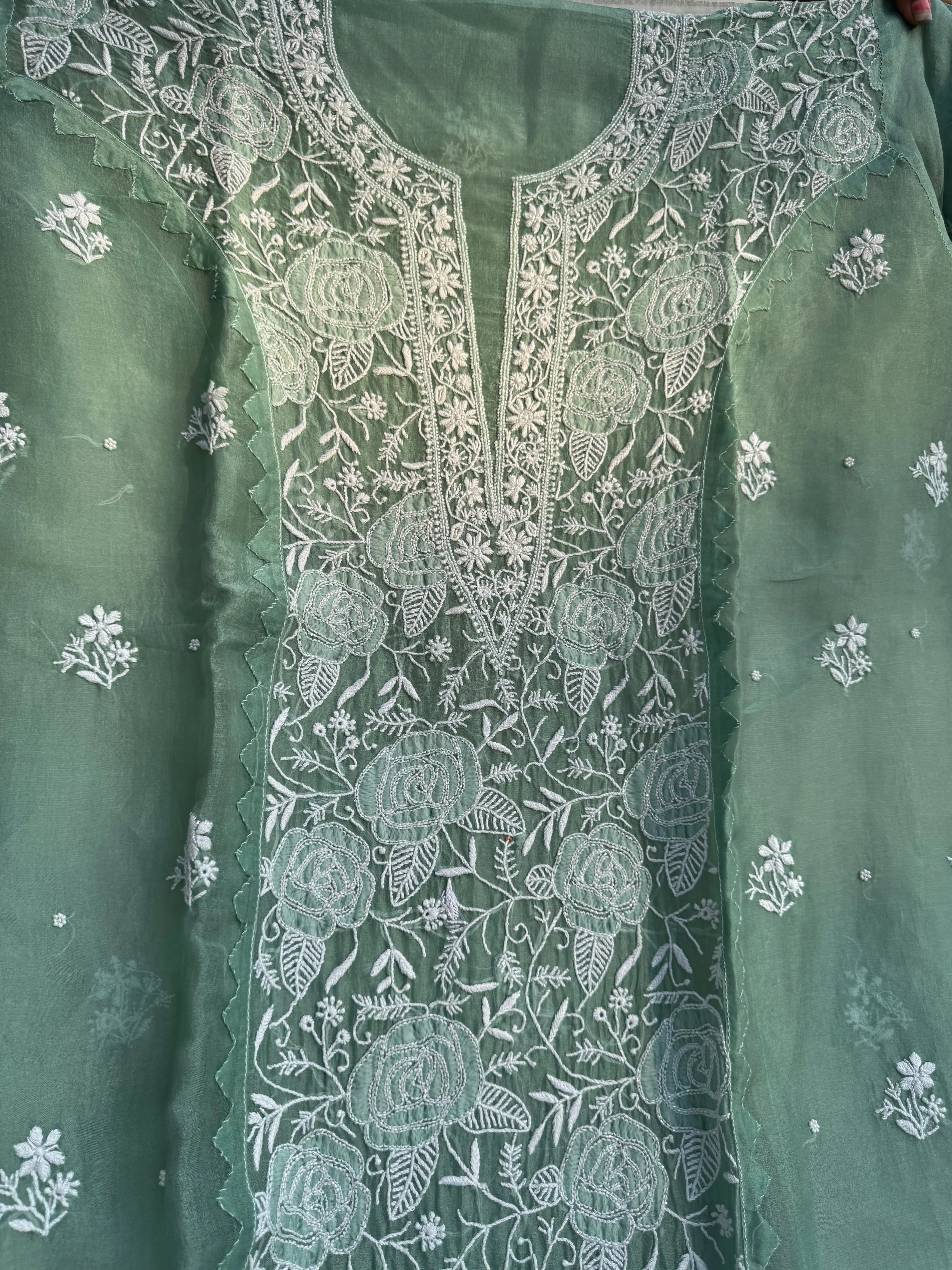 Organza Chikankari Length with Dupatta (Pearl Work) - Green ARIAA CHIKANKARI