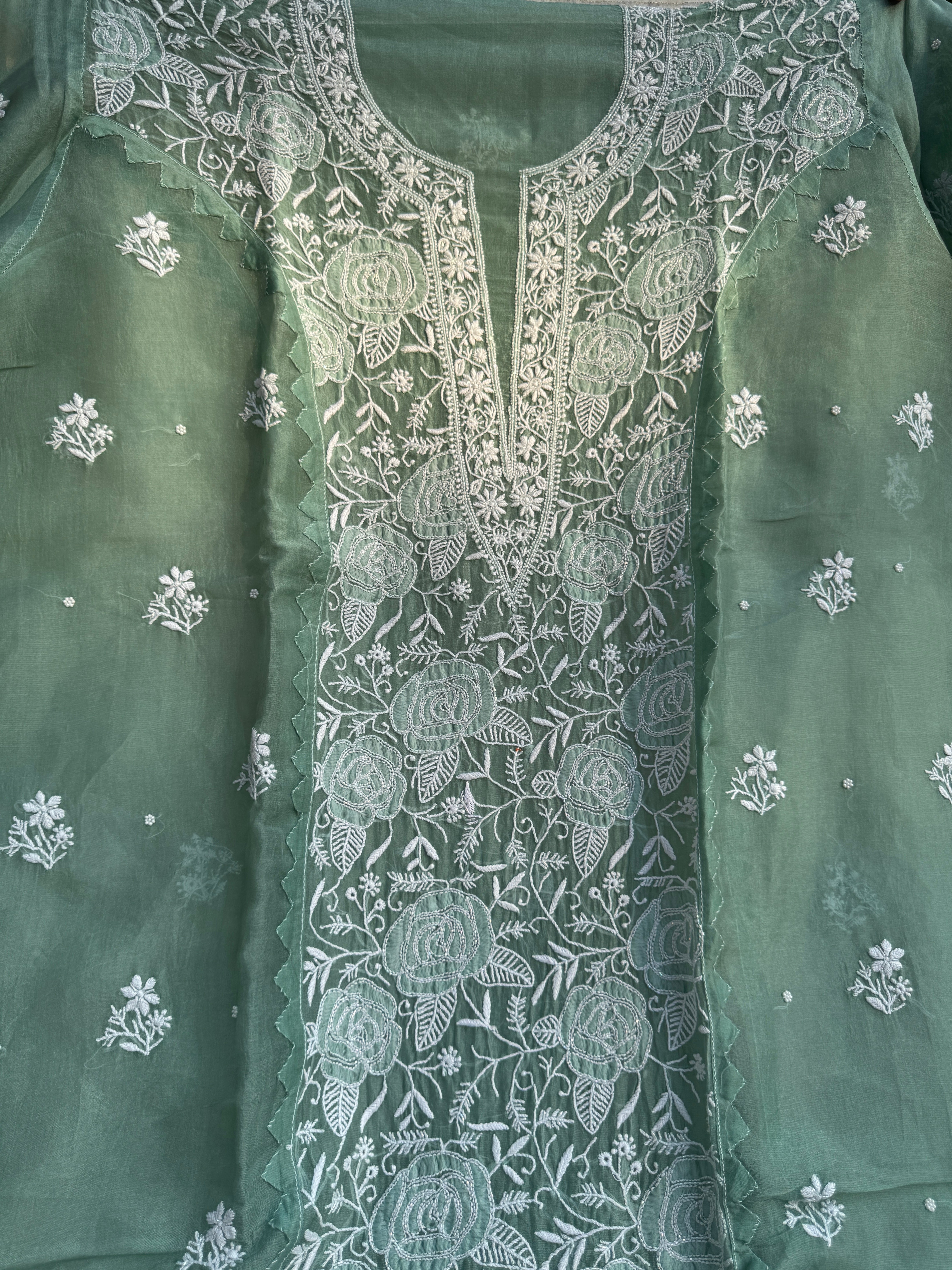 Organza Chikankari Length with Dupatta (Pearl Work) - Green