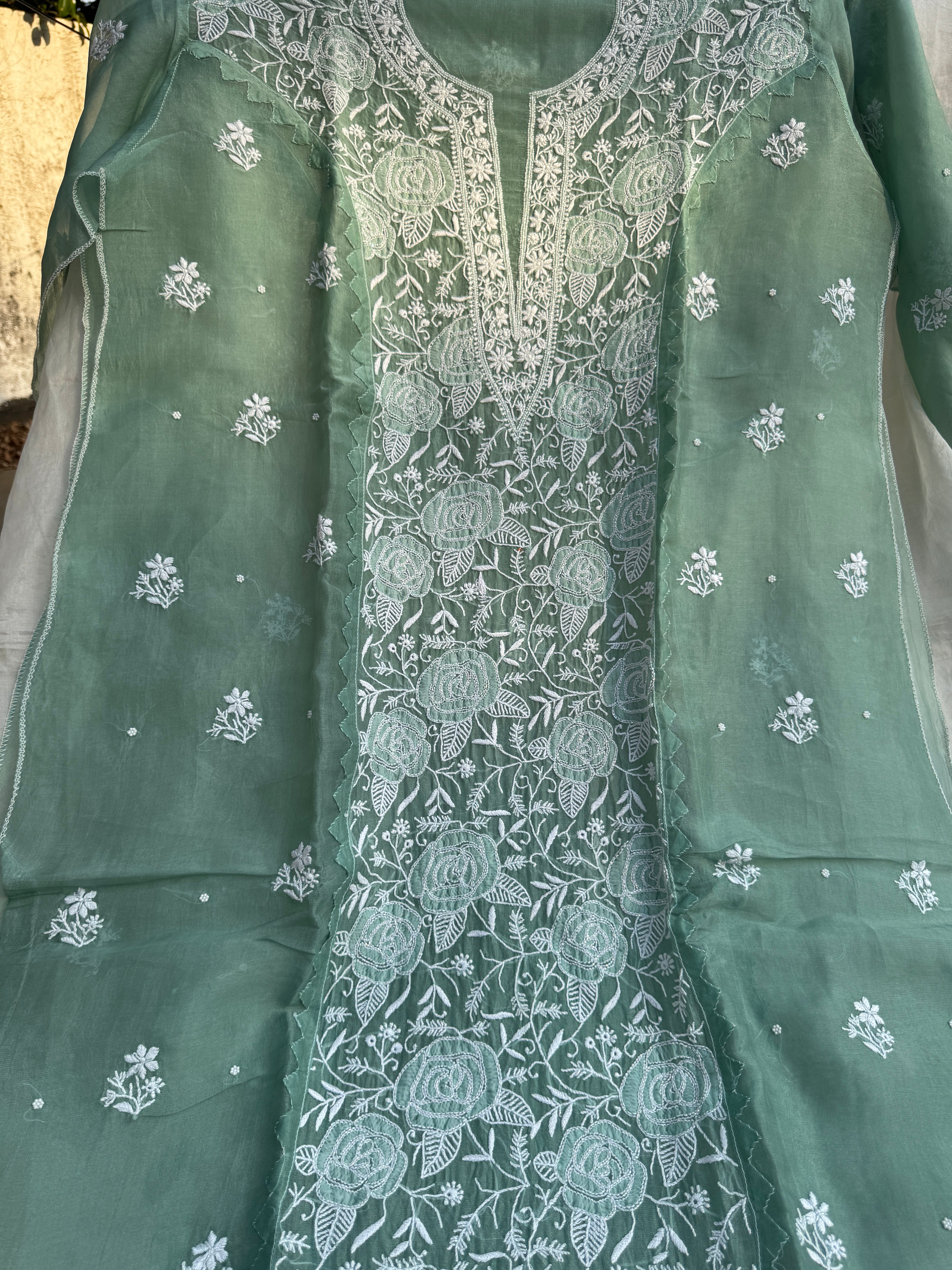 Organza Chikankari Length with Dupatta (Pearl Work) - Green
