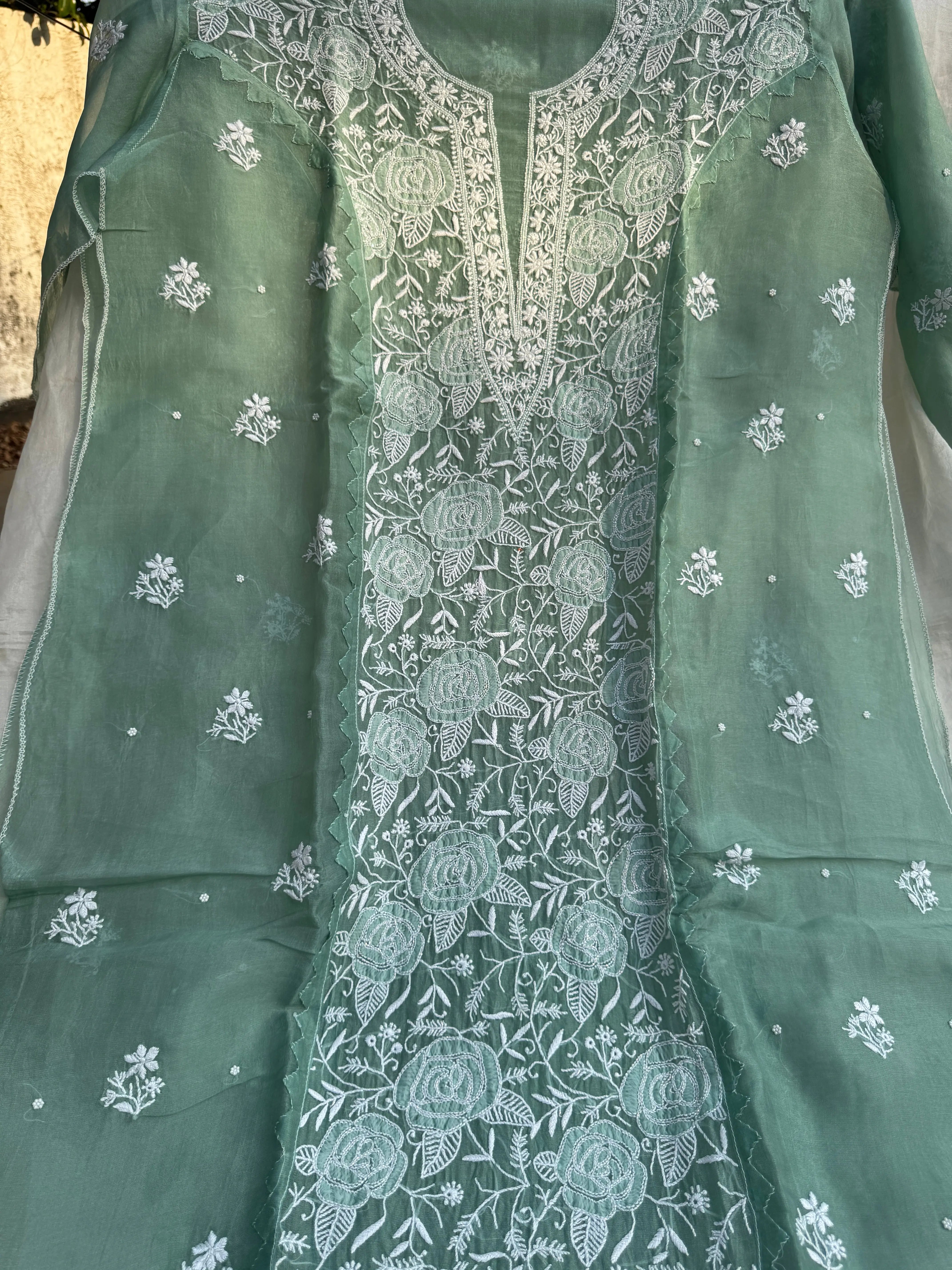Organza Chikankari Length with Dupatta (Pearl Work) - Green ARIAA CHIKANKARI