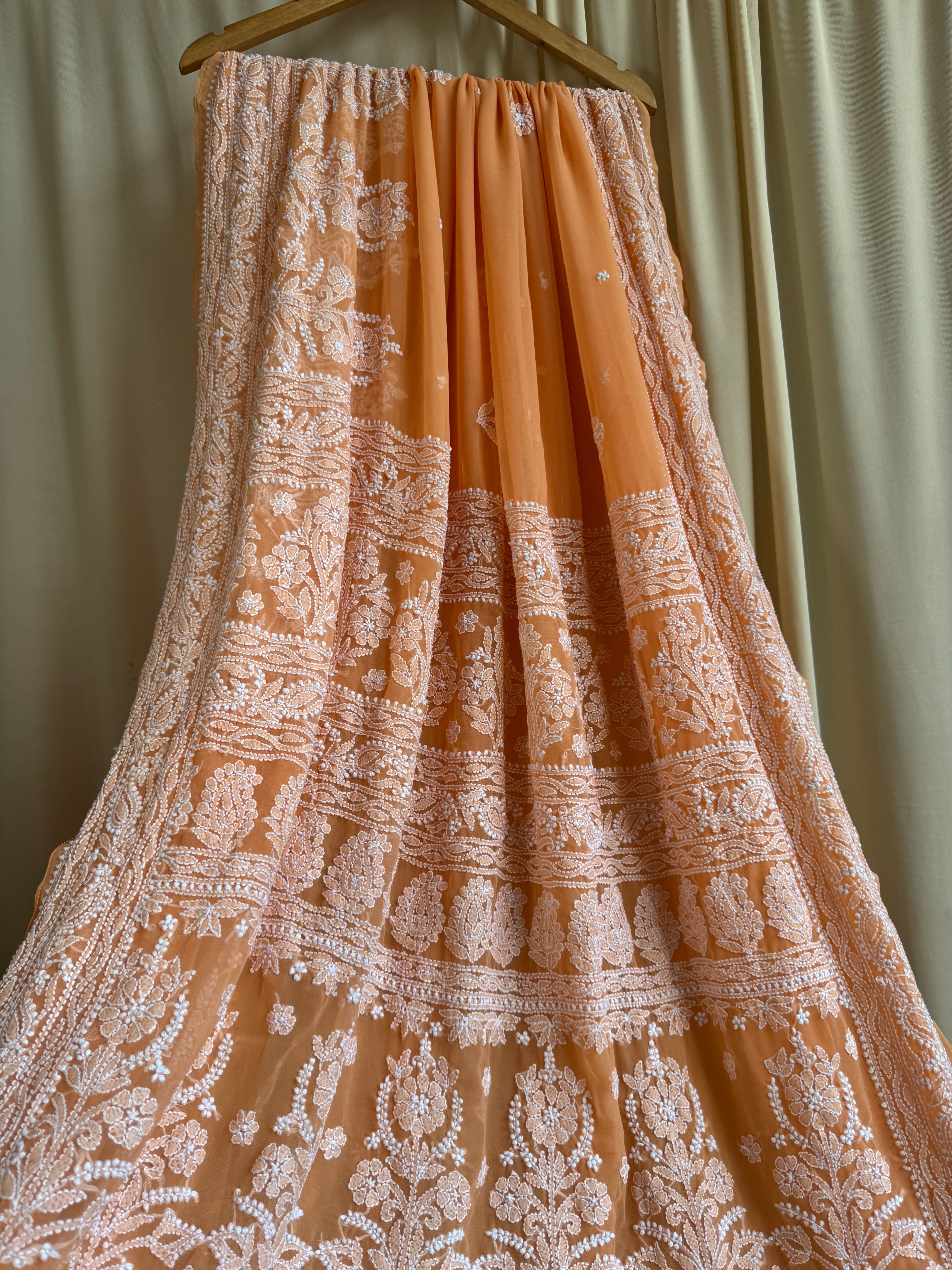 Georgette Chikankari saree in Sunset Orange ARIAA CHIKANKARI