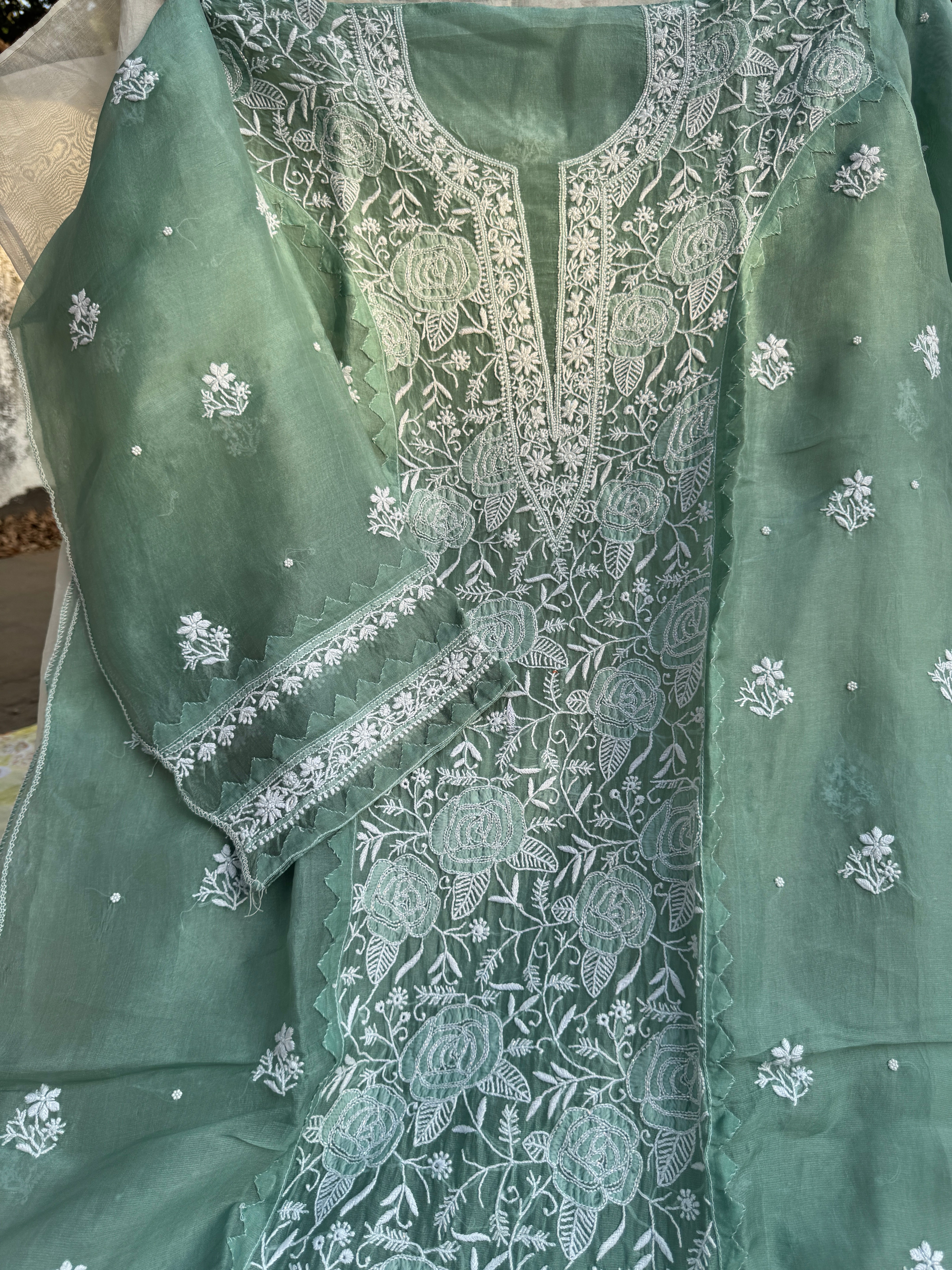 Organza Chikankari Length with Dupatta (Pearl Work) - Green