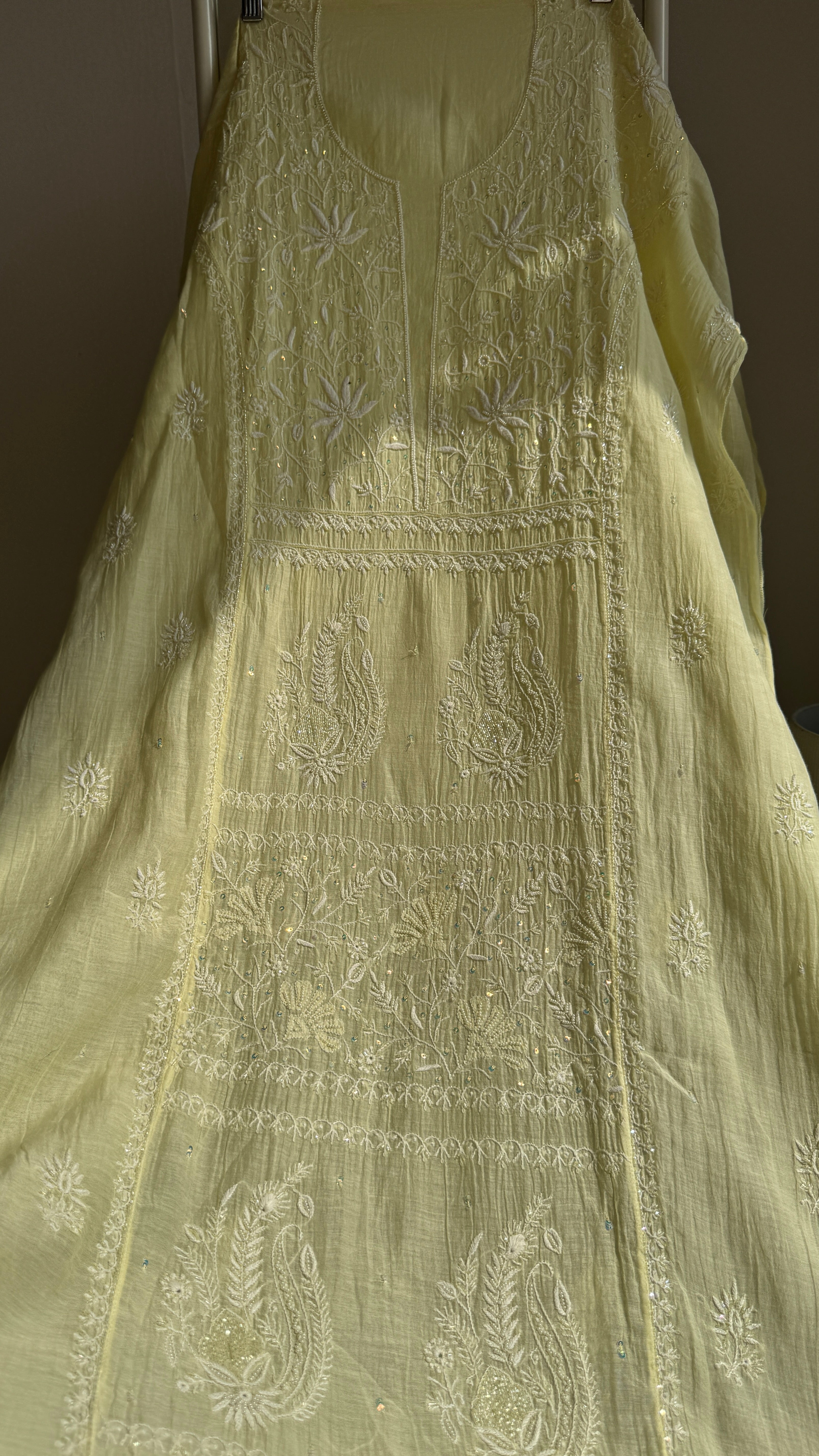 Mul Chanderi Chikankari Anarkali - Lemon Yellow