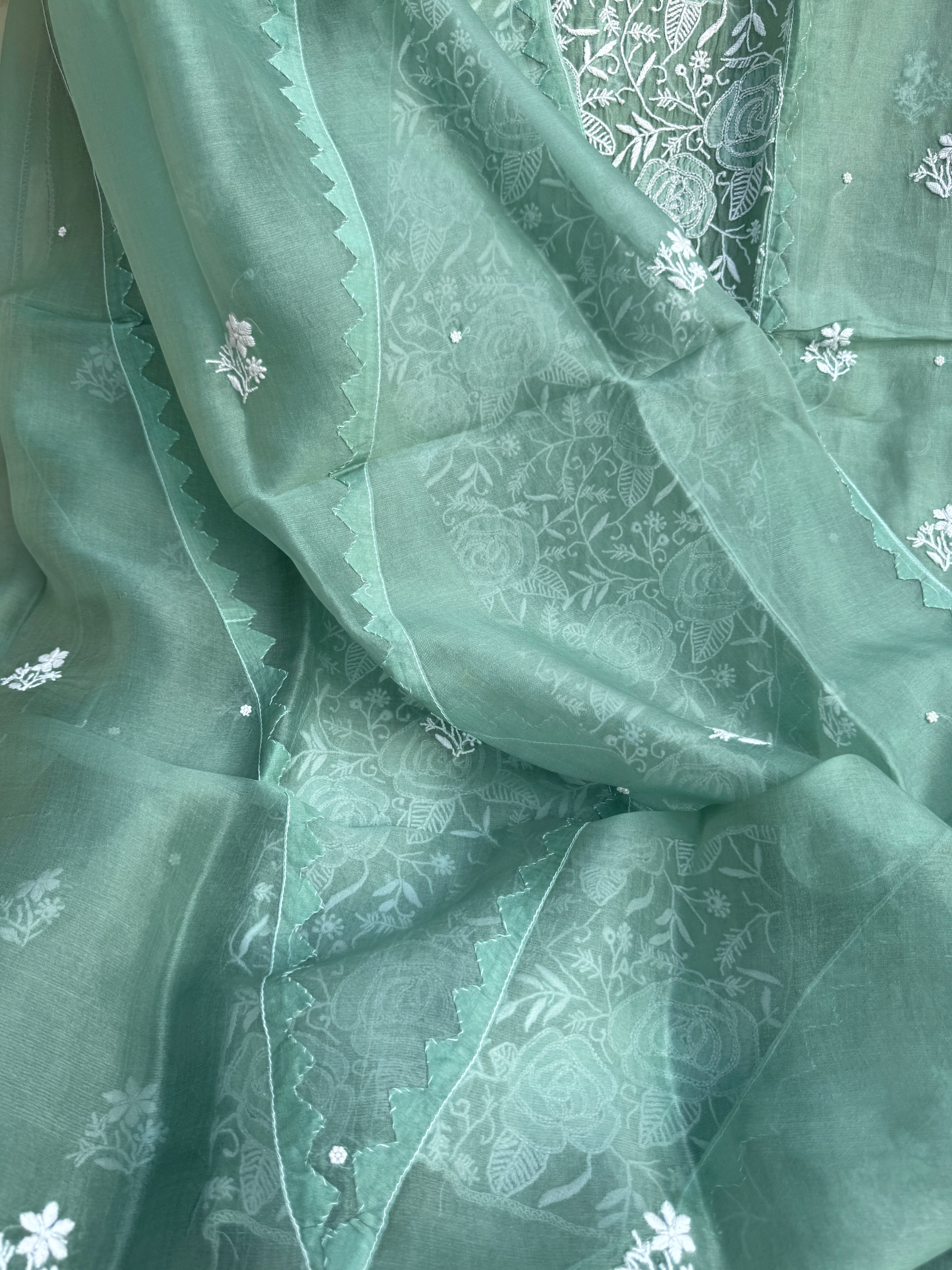 Organza Chikankari Length with Dupatta (Pearl Work) - Green