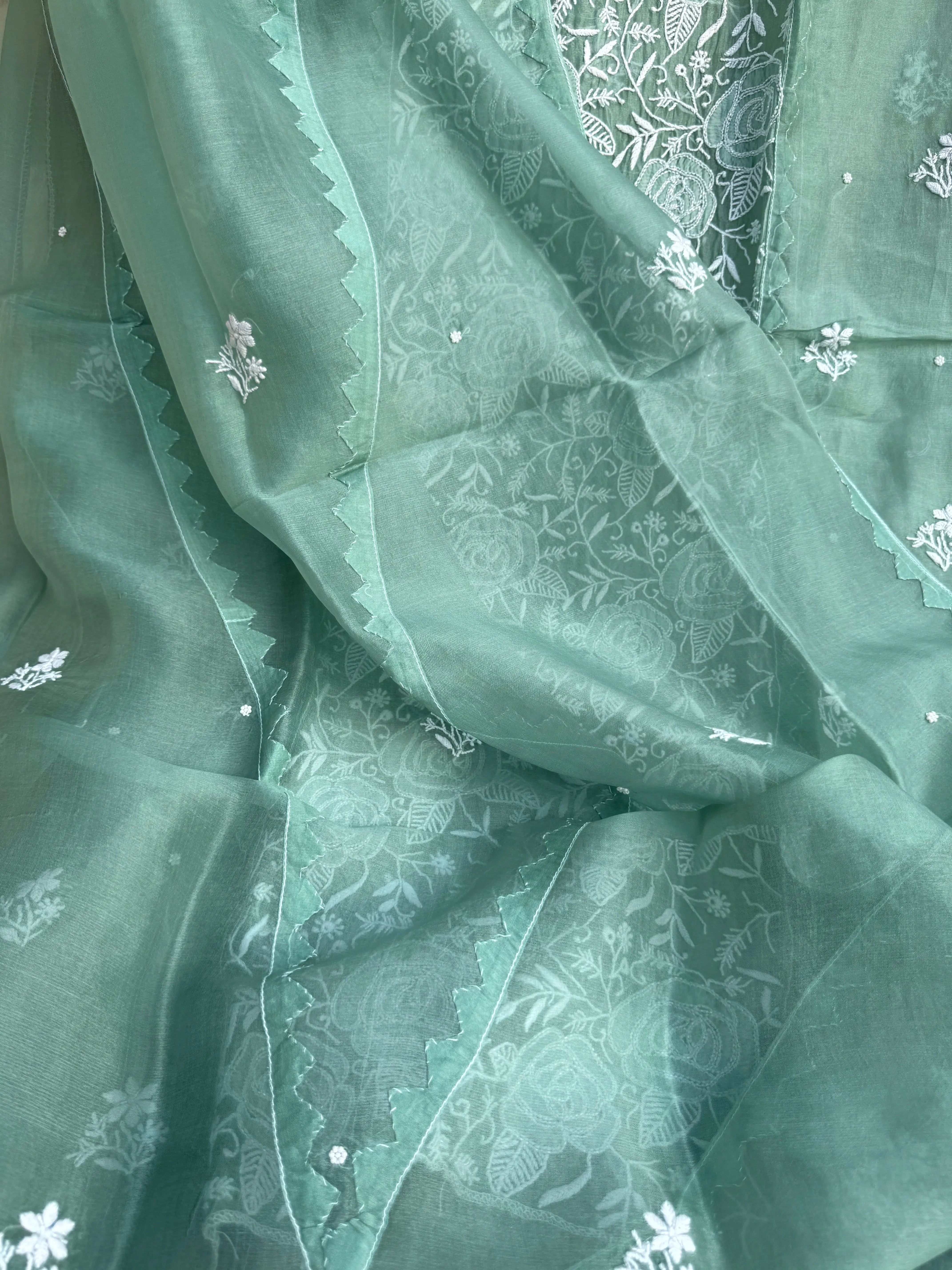 Organza Chikankari Length with Dupatta (Pearl Work) - Green ARIAA CHIKANKARI