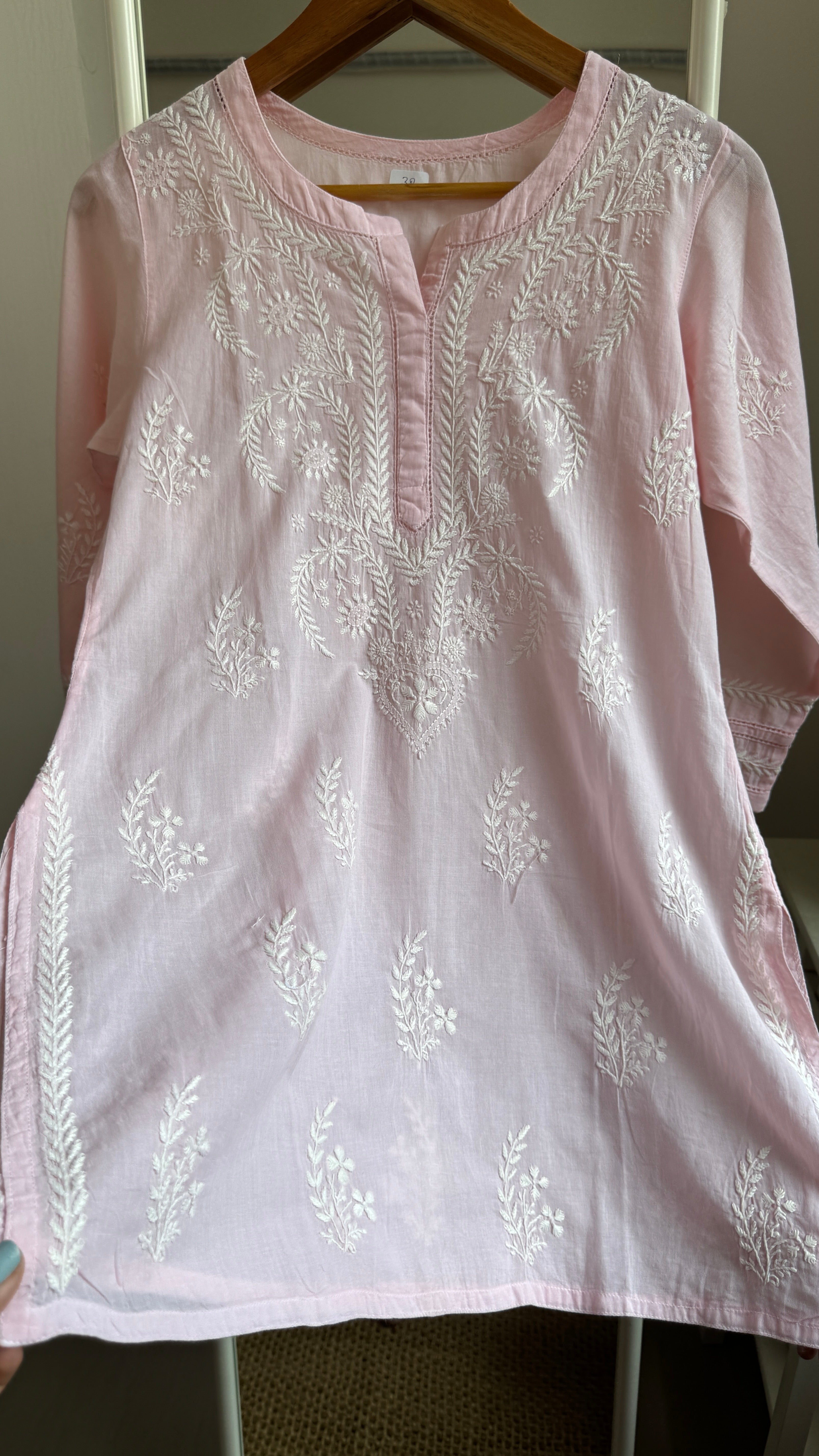 Mul Cotton Chikankari Full sleeves short Top - Pale Pink - ZOYA Collection