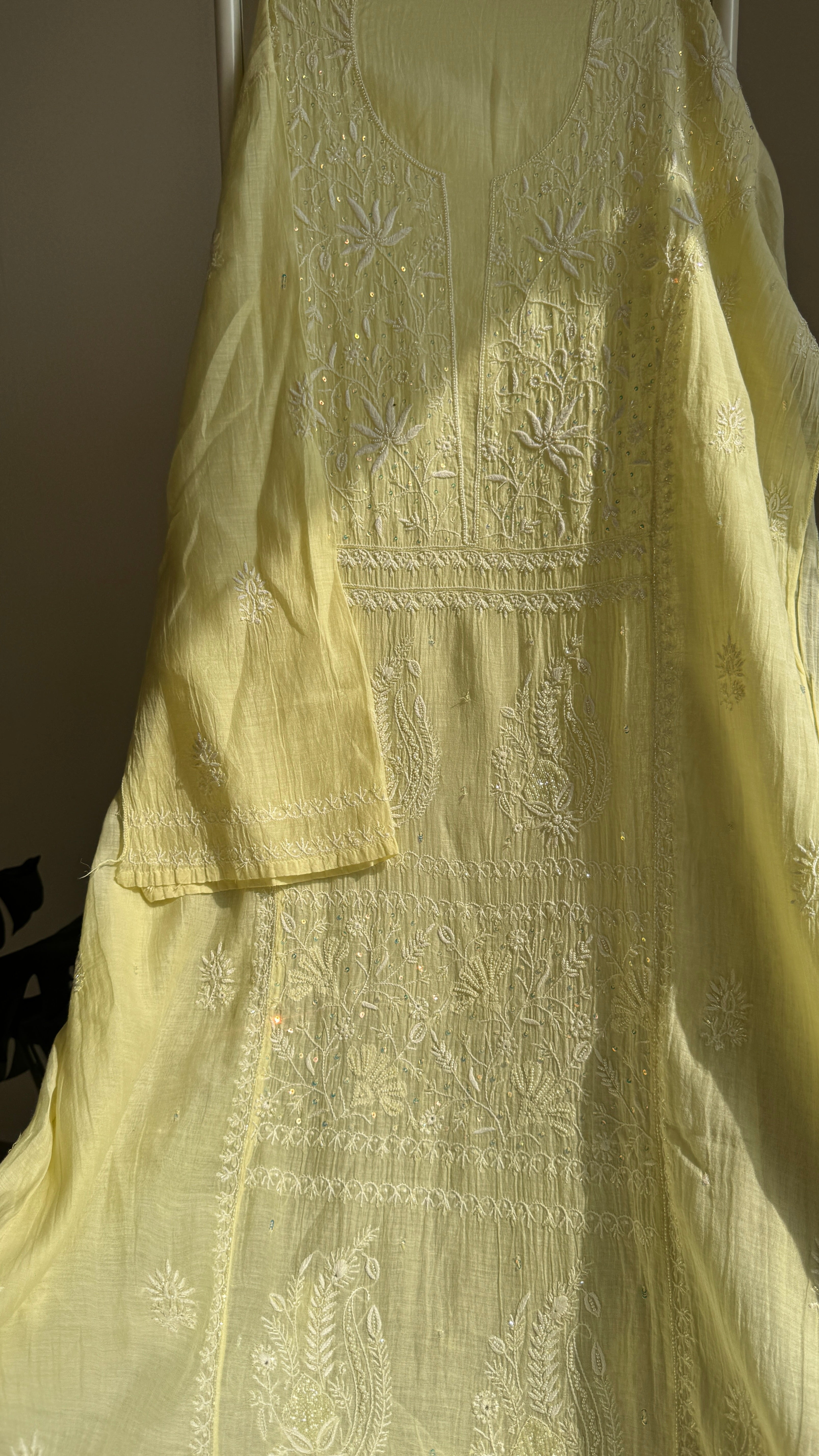 Mul Chanderi Chikankari Anarkali - Lemon Yellow
