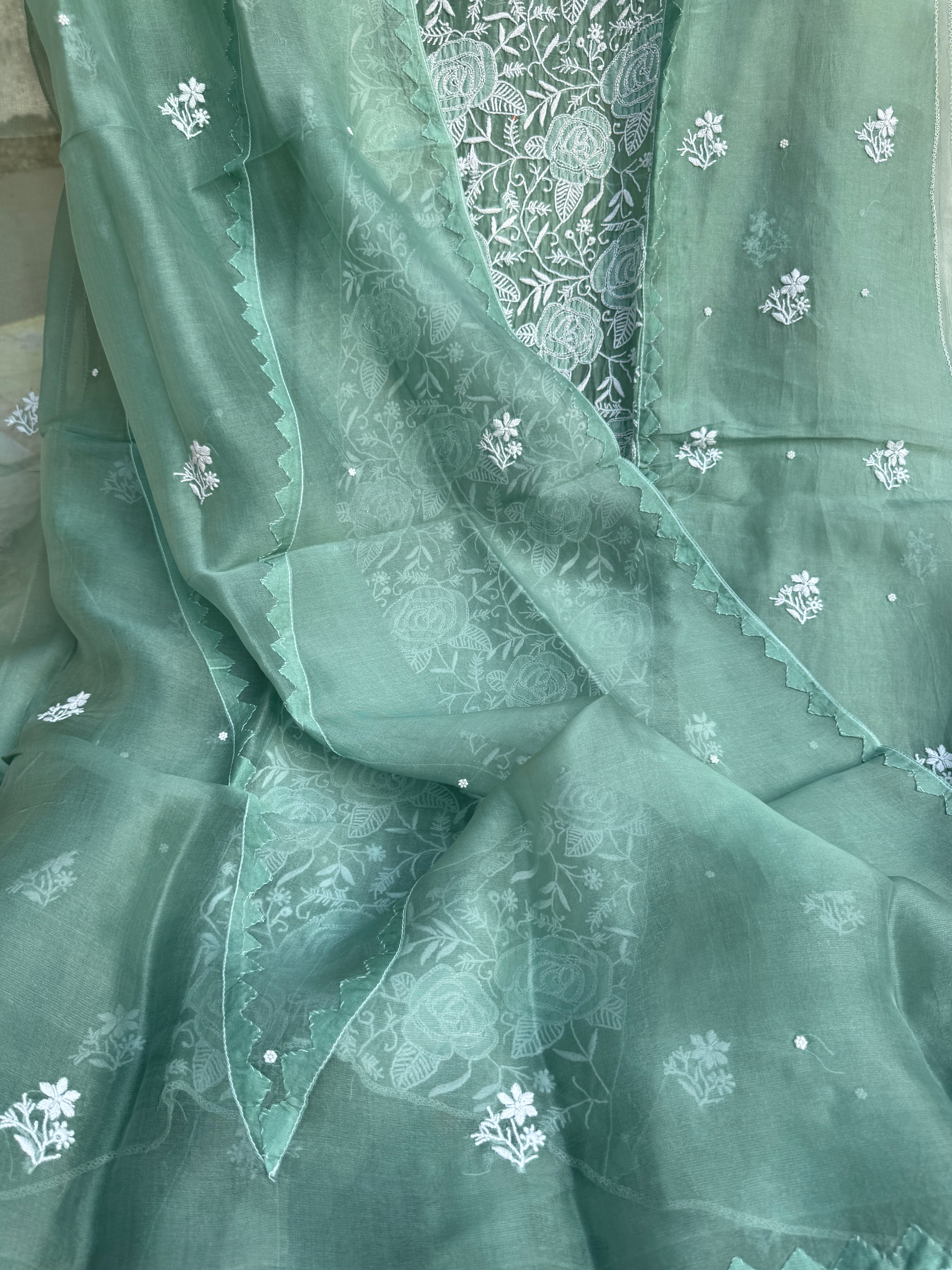 Organza Chikankari Length with Dupatta (Pearl Work) - Green