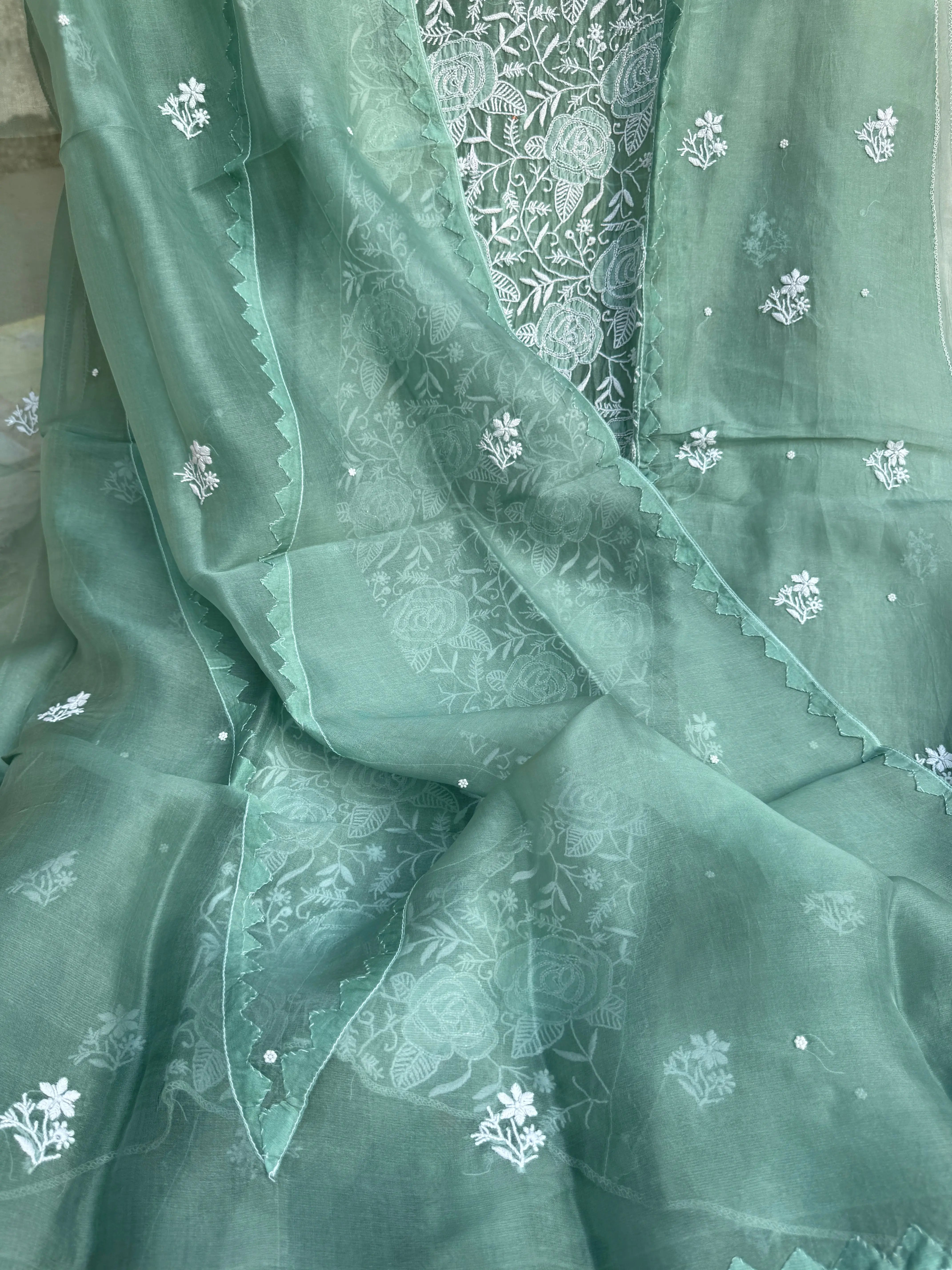 Organza Chikankari Length with Dupatta (Pearl Work) - Green ARIAA CHIKANKARI