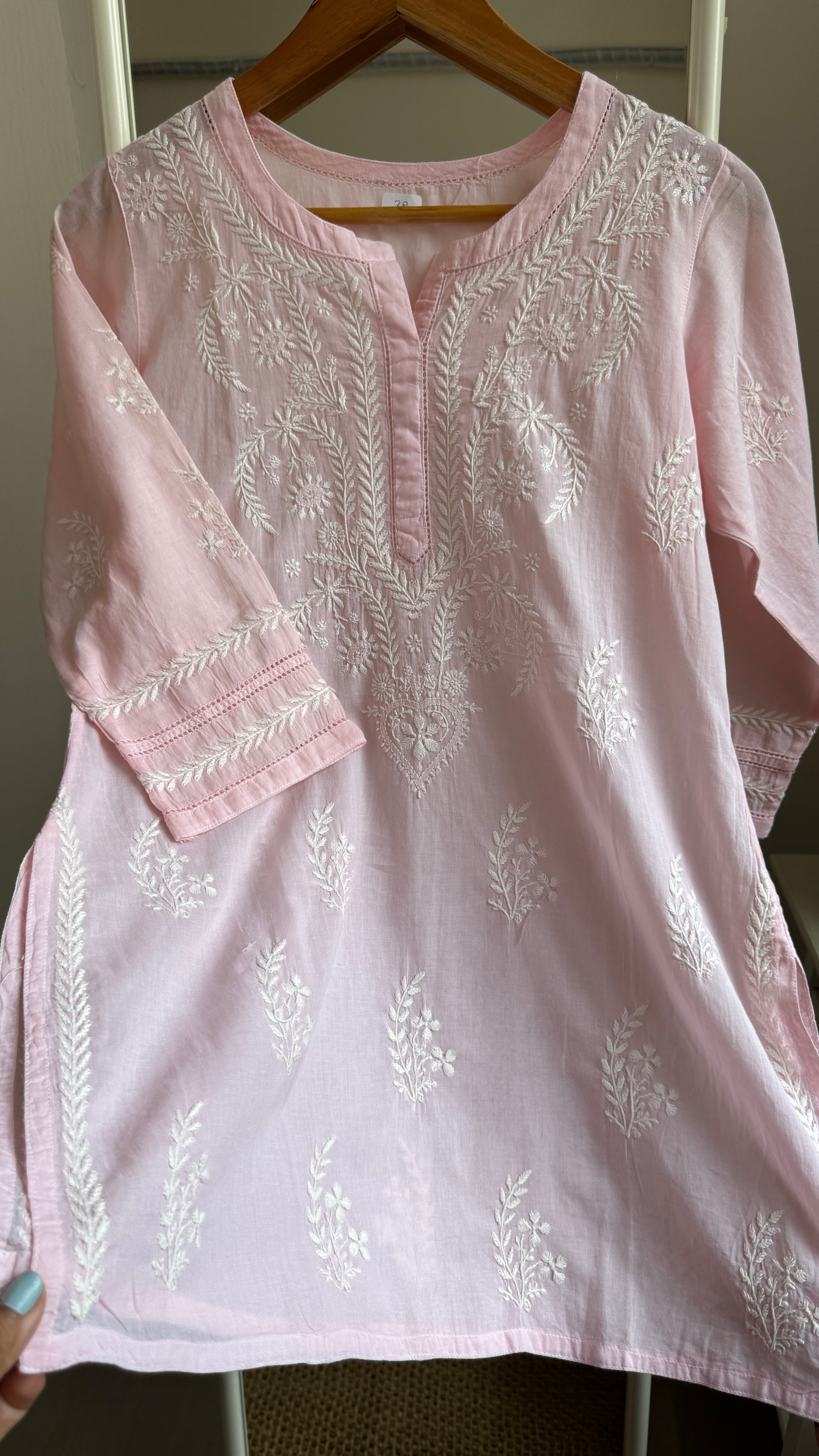 Mul Cotton Chikankari Full sleeves short Top - Pale Pink - ZOYA Collection
