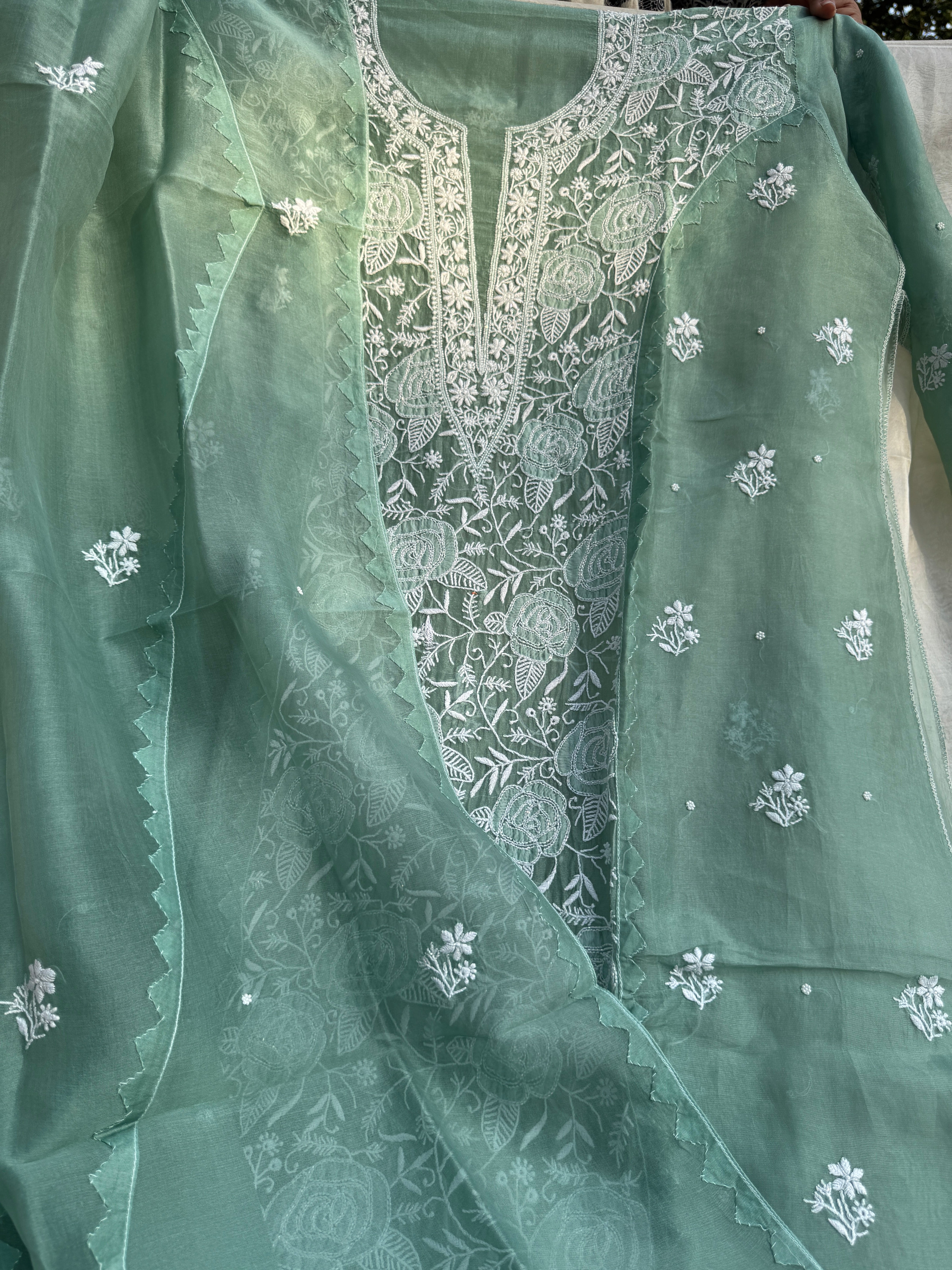 Organza Chikankari Length with Dupatta (Pearl Work) - Green