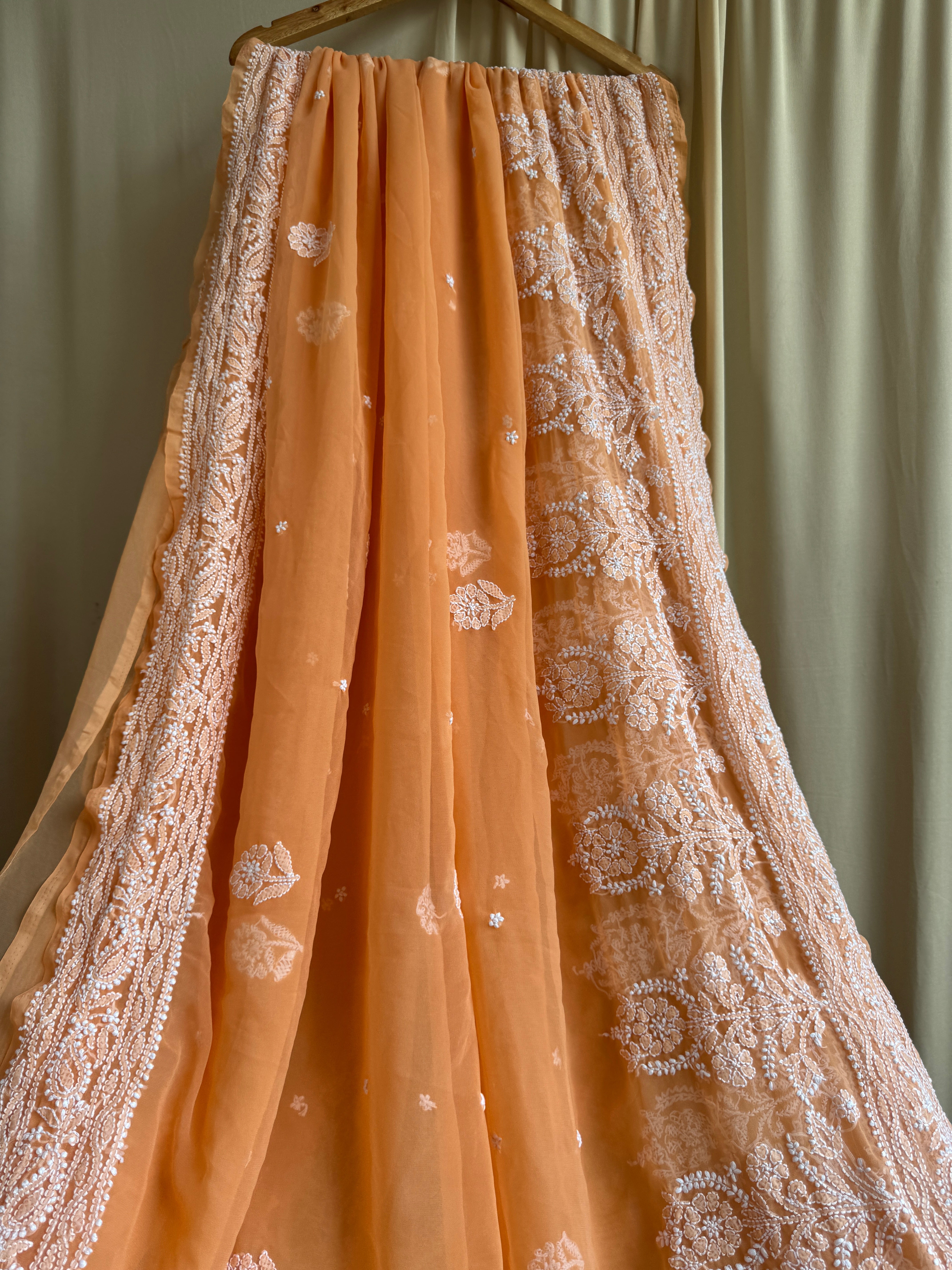 Georgette Chikankari saree in Sunset Orange ARIAA CHIKANKARI