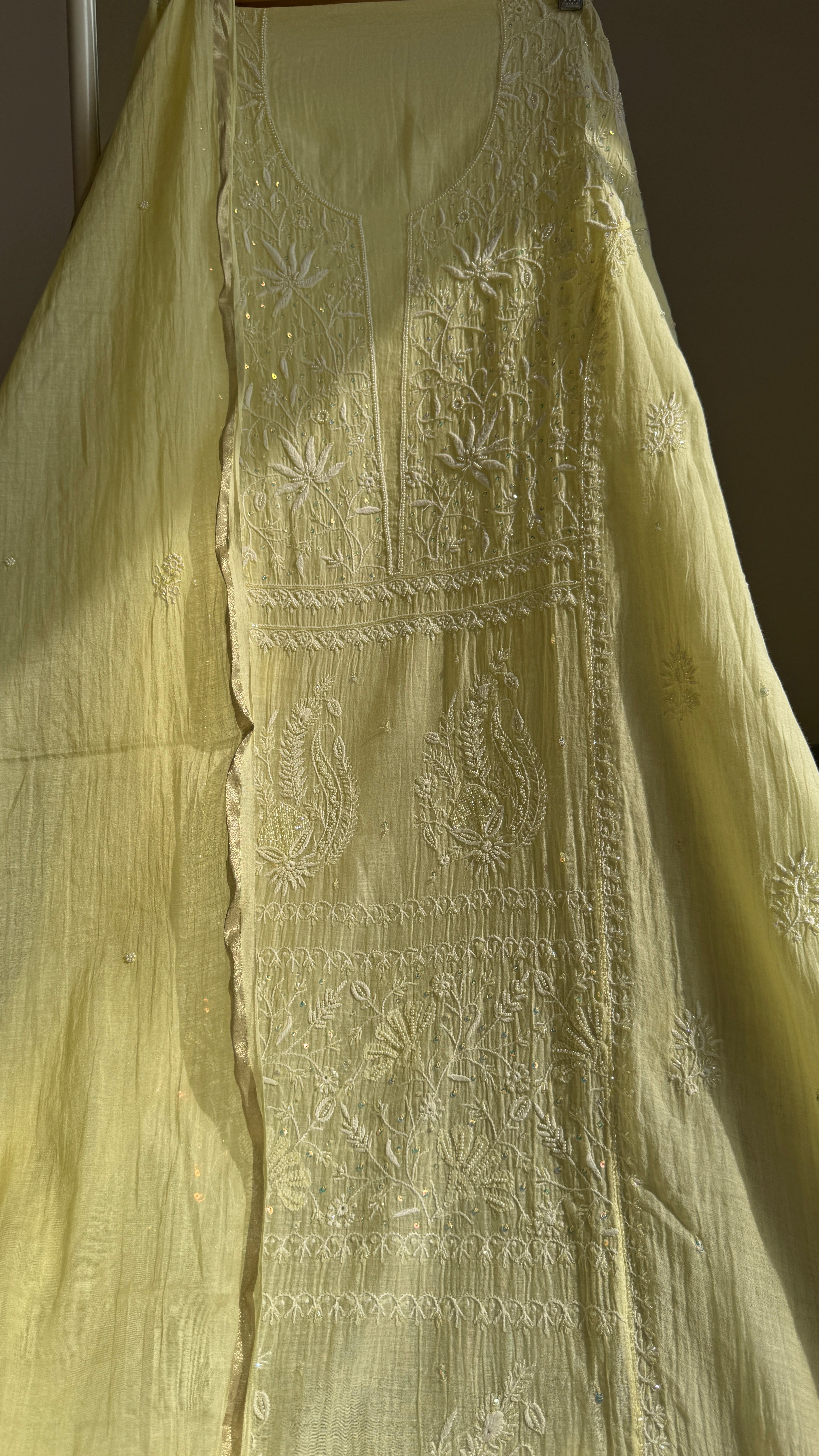 Mul Chanderi Chikankari Anarkali - Lemon Yellow