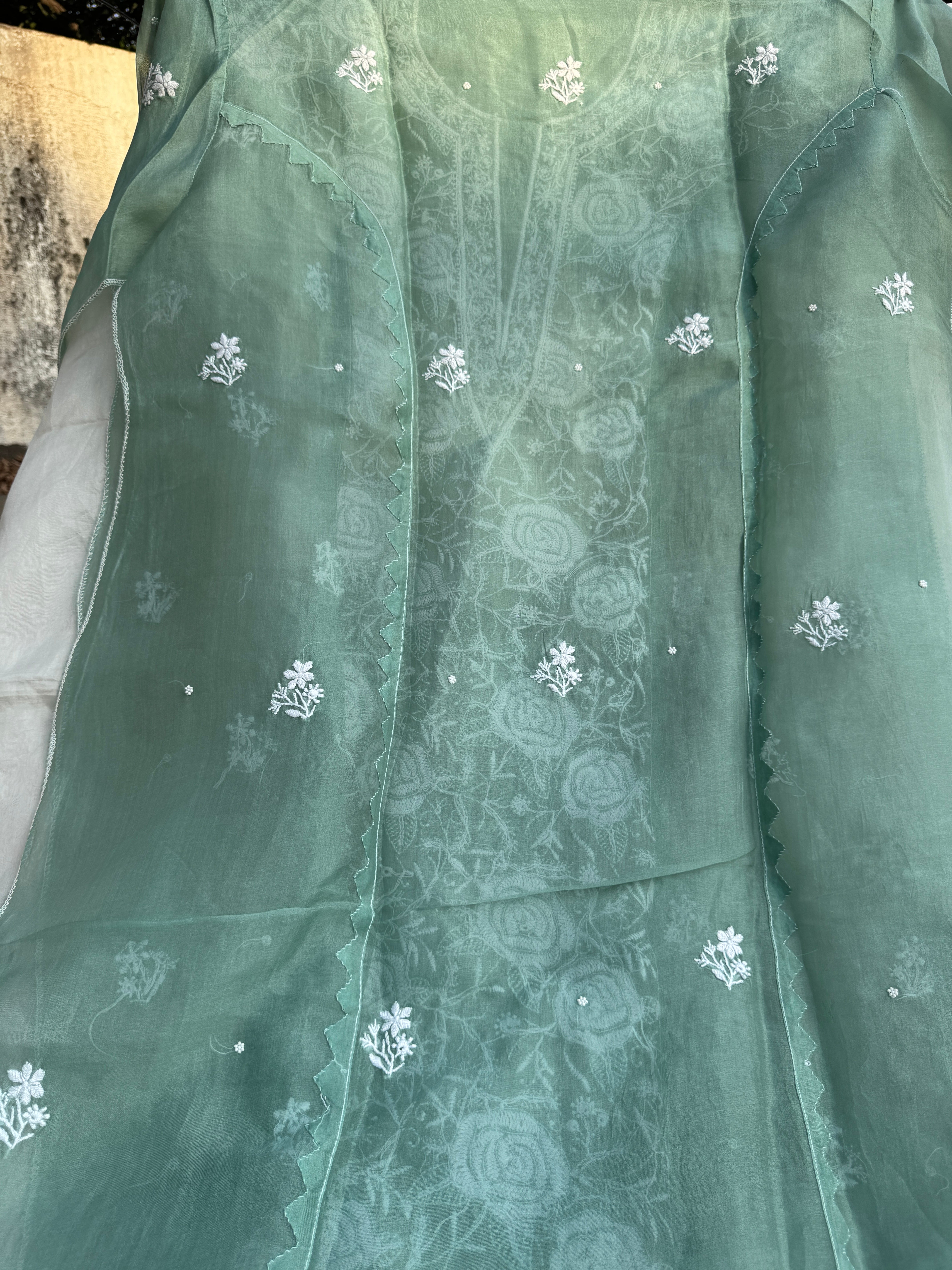 Organza Chikankari Length with Dupatta (Pearl Work) - Green