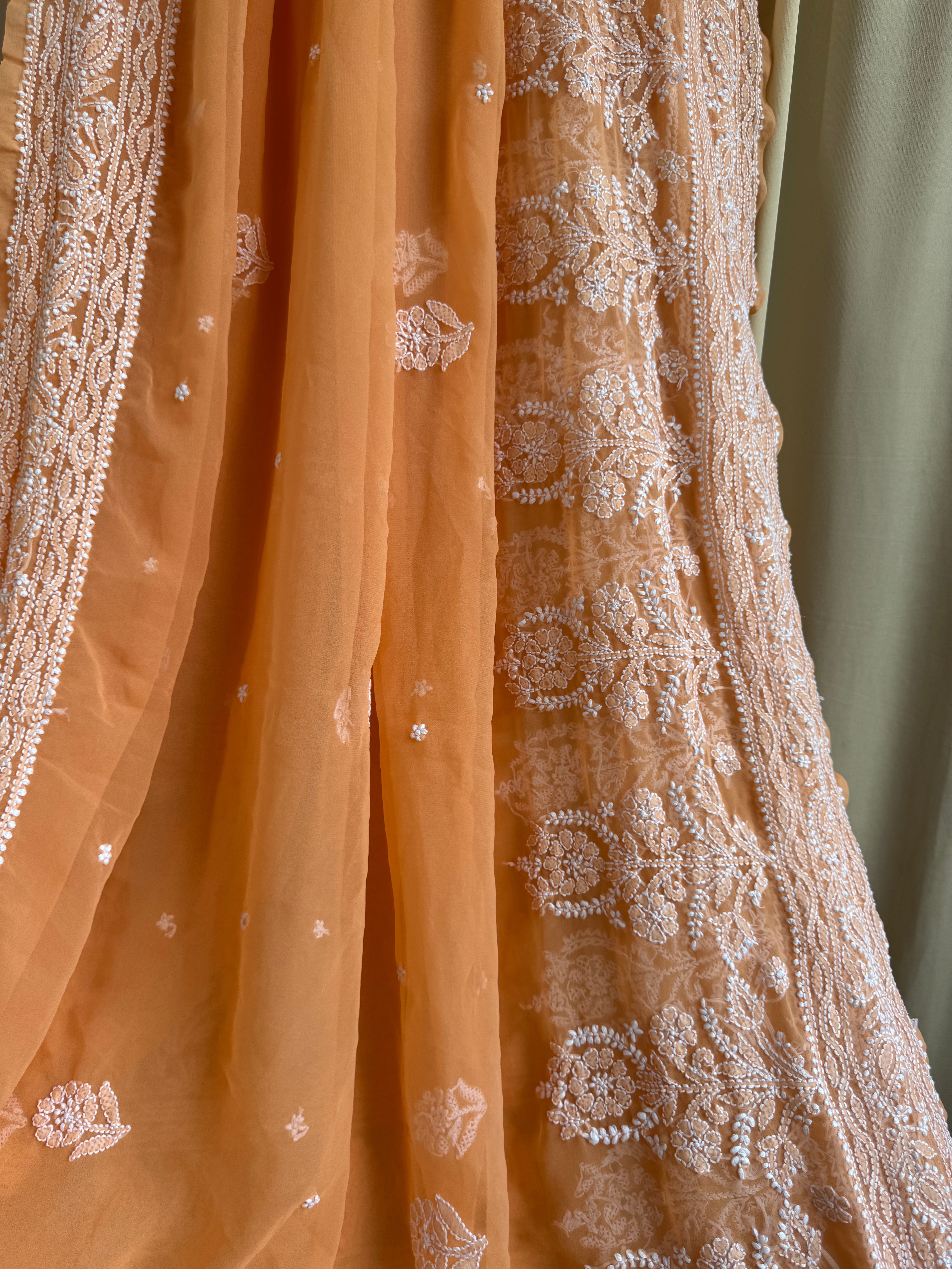 Georgette Chikankari saree in Sunset Orange ARIAA CHIKANKARI