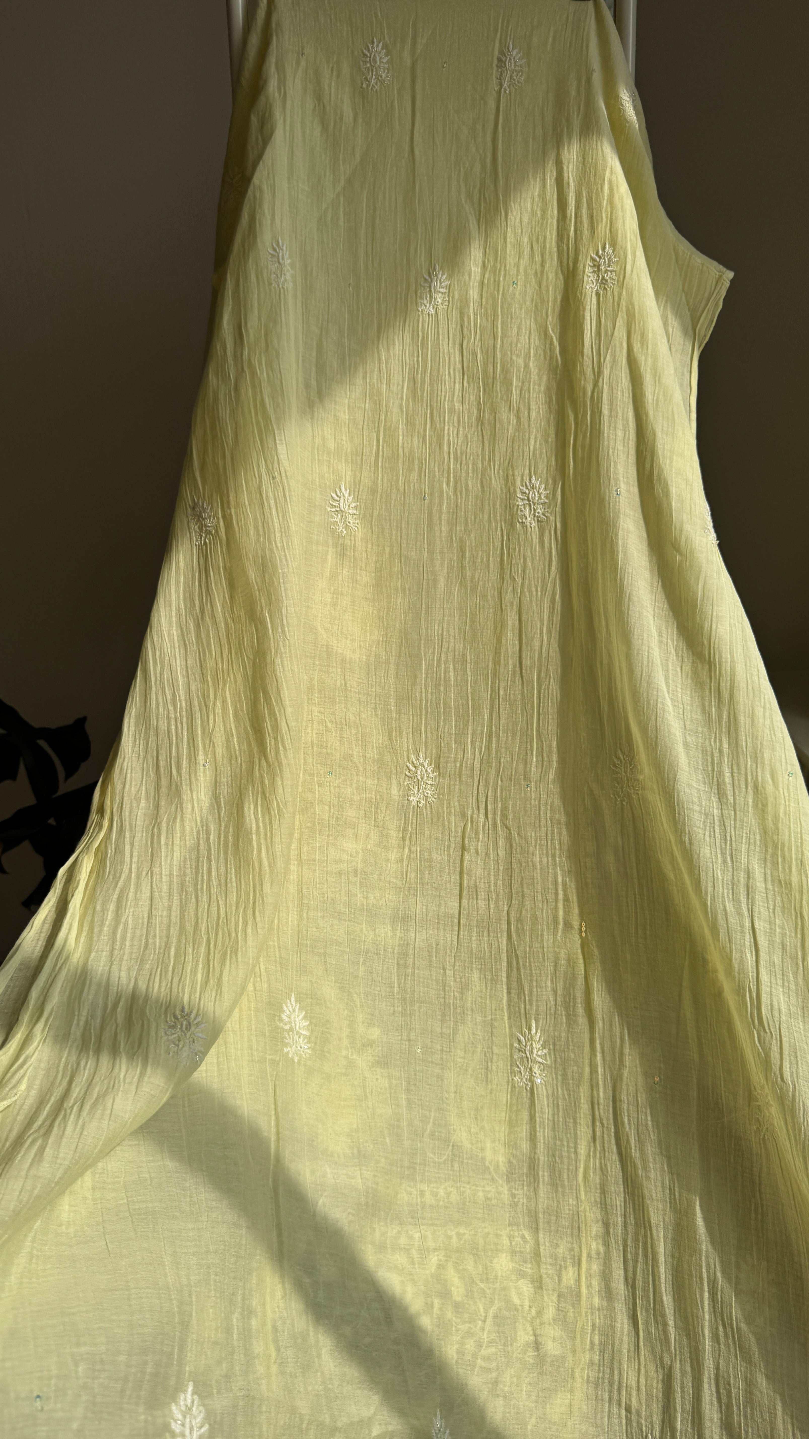 Mul Chanderi Chikankari Anarkali - Lemon Yellow