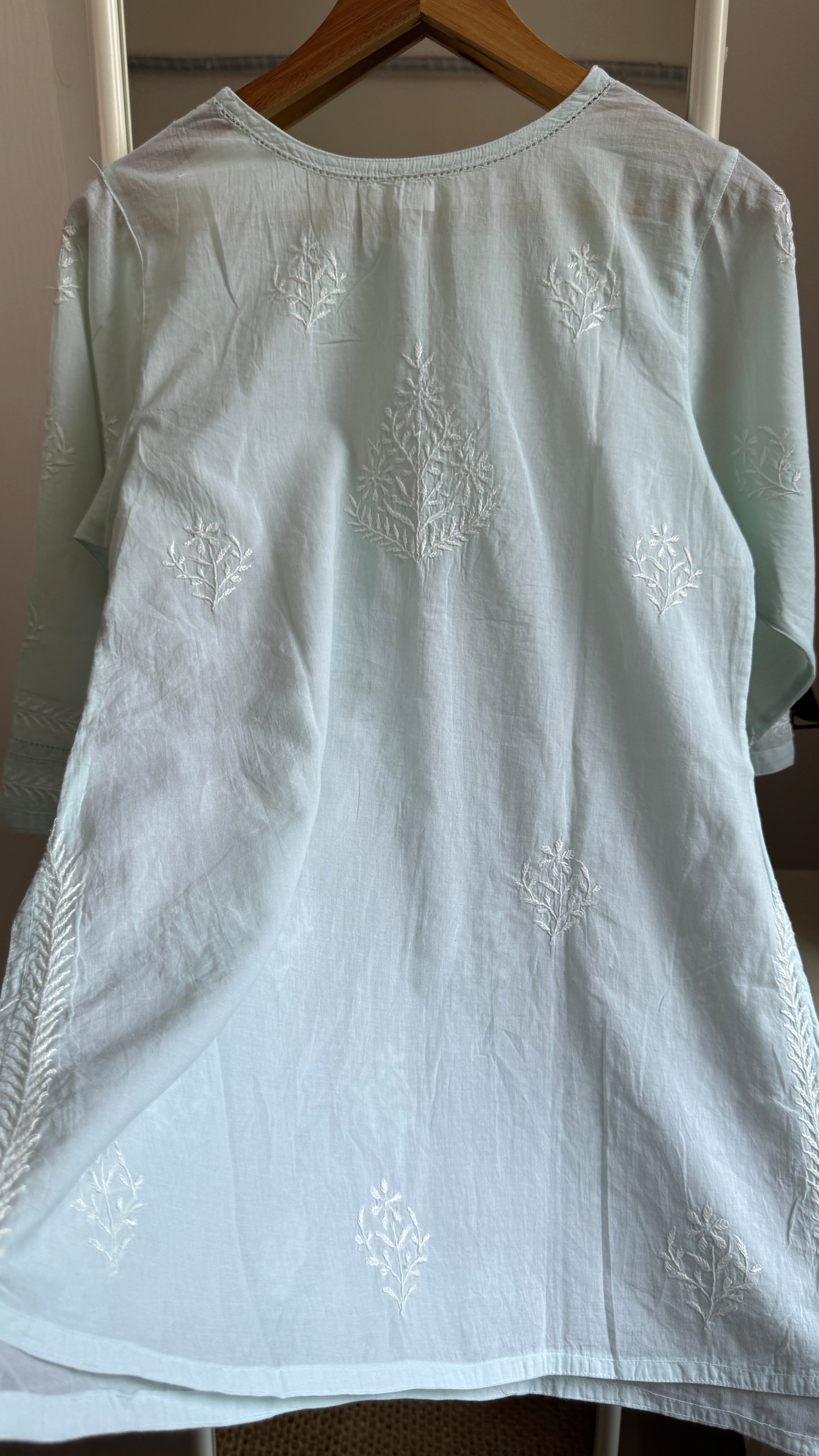 Mul Cotton Chikankari Full sleeves short Top - Green - ZOYA Collection