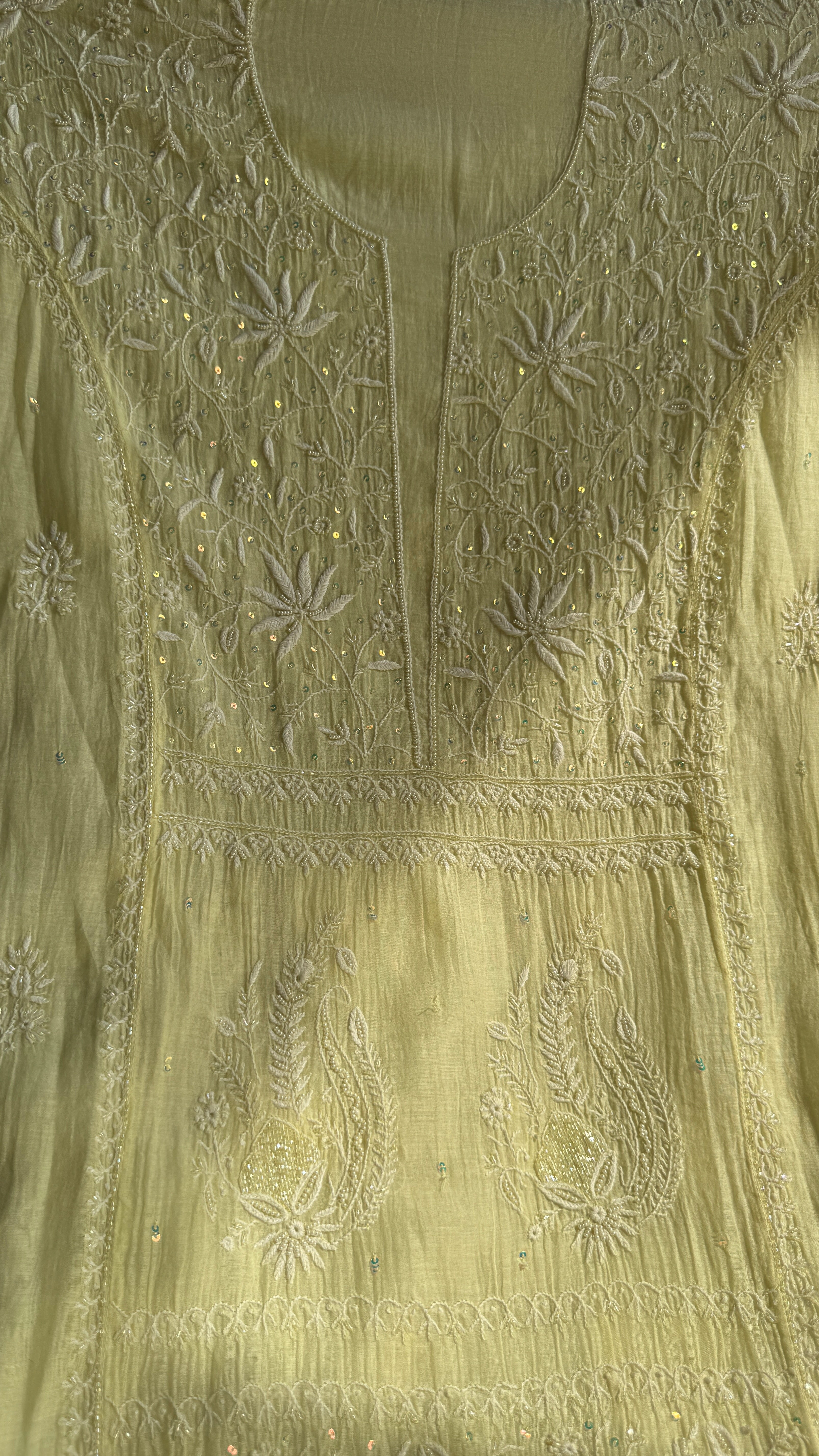 Mul Chanderi Chikankari Anarkali - Lemon Yellow