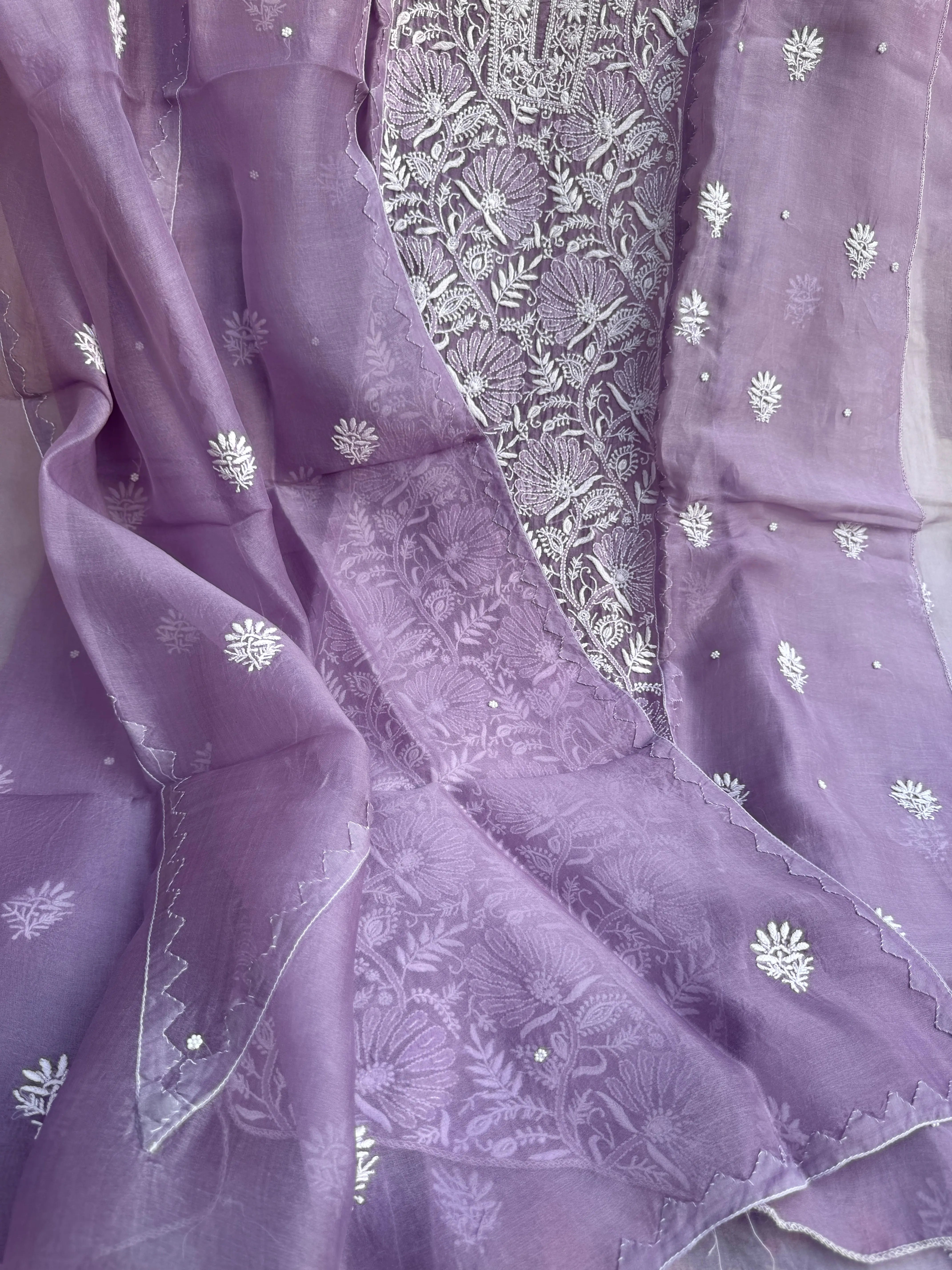 Organza Chikankari Length with Dupatta (Pearl Work) - Lavander ARIAA CHIKANKARI