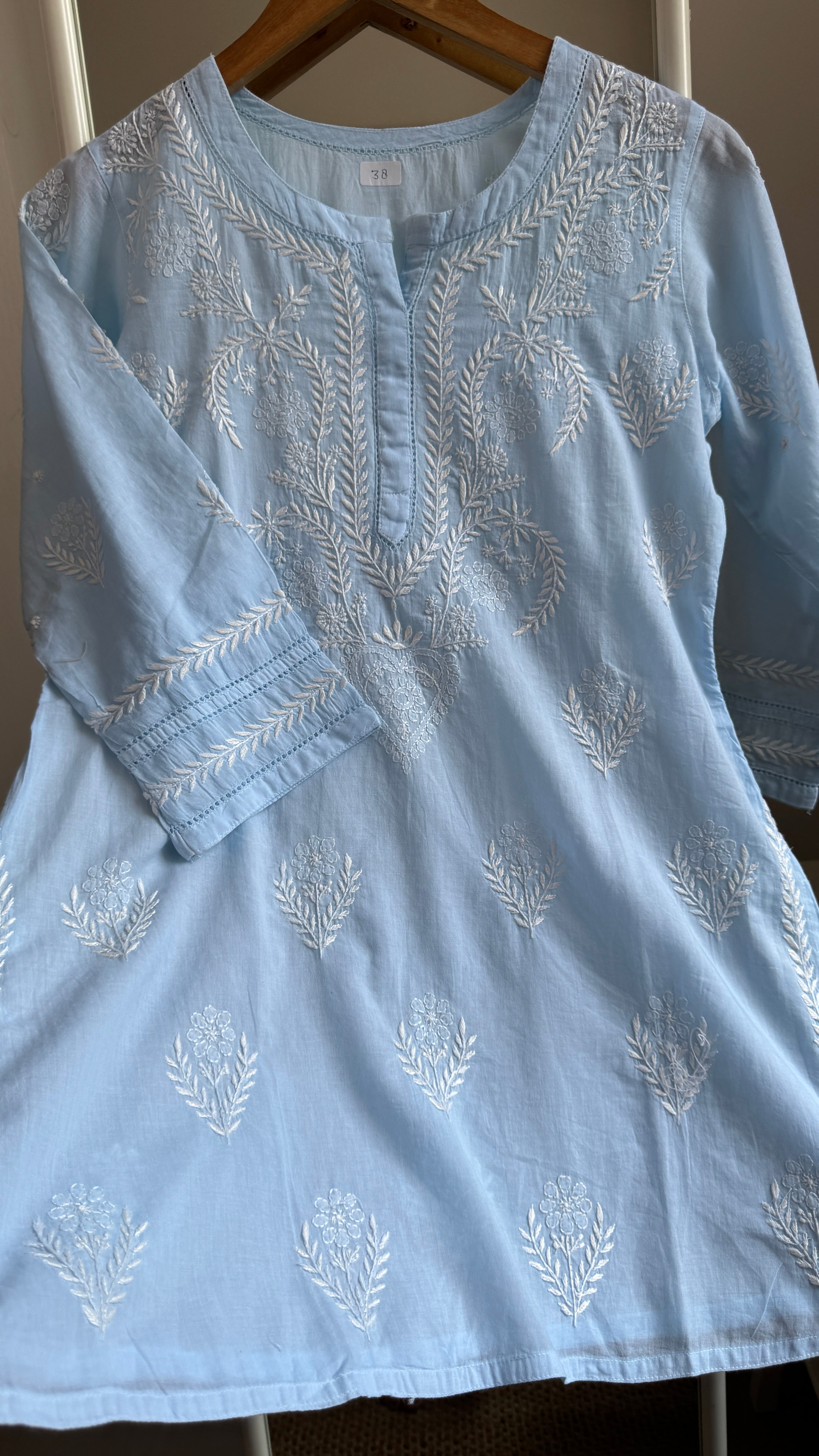 Mul Cotton Chikankari Full sleeves short Top - Blue - ZOYA Collection