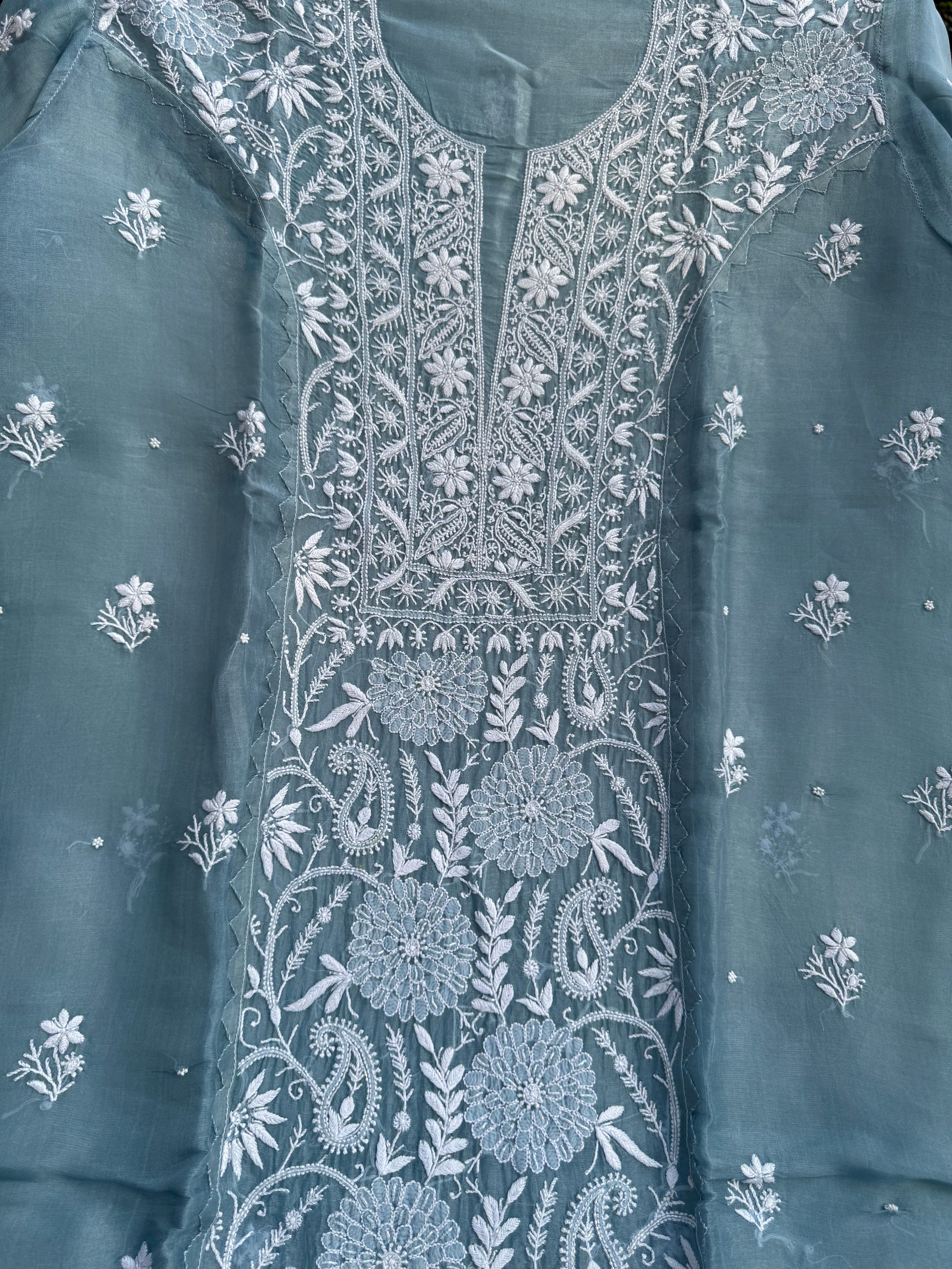 Organza Chikankari Length with Dupatta (Pearl Work) - Blue Grey