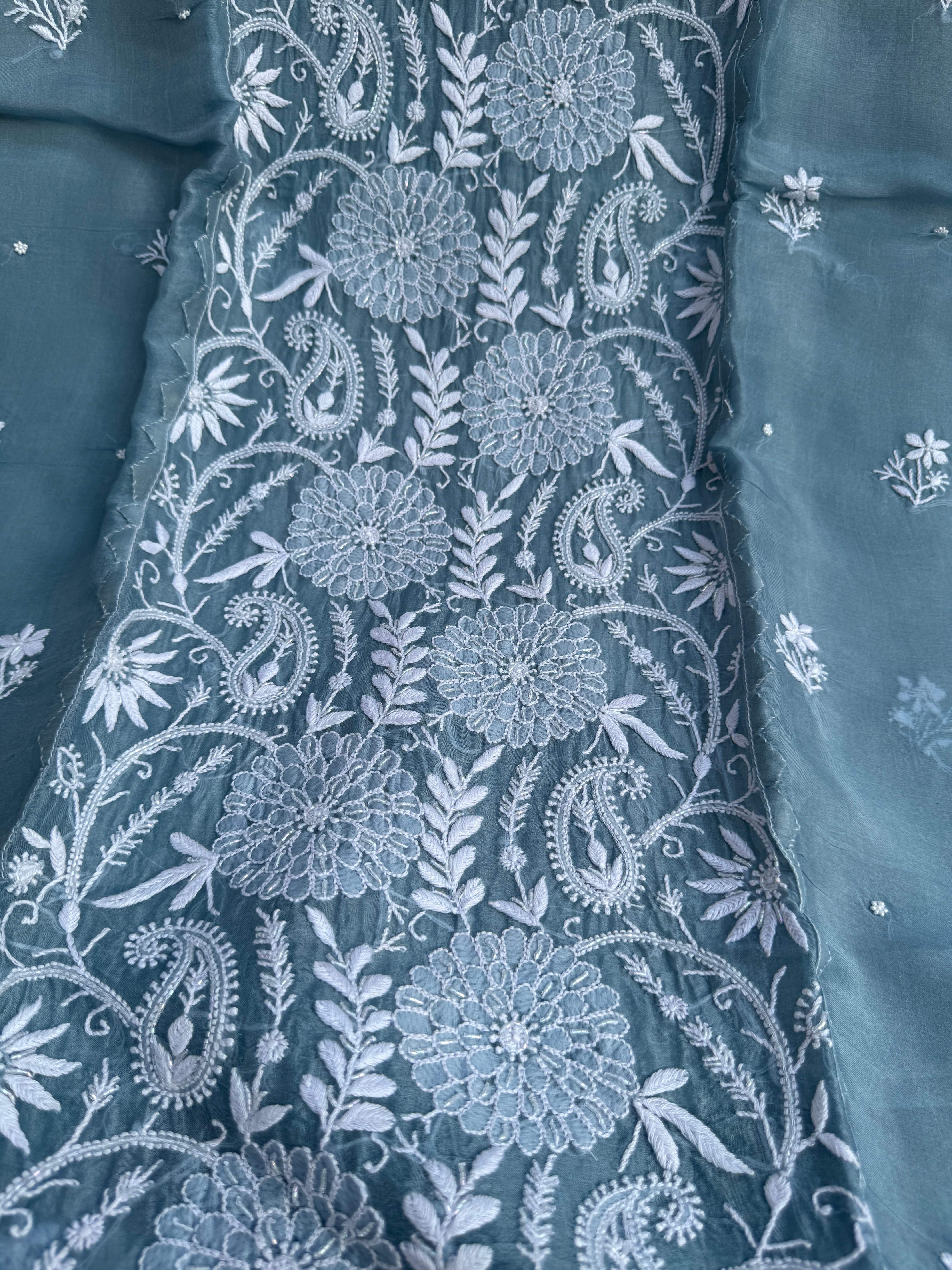 Organza Chikankari Length with Dupatta (Pearl Work) - Blue Grey