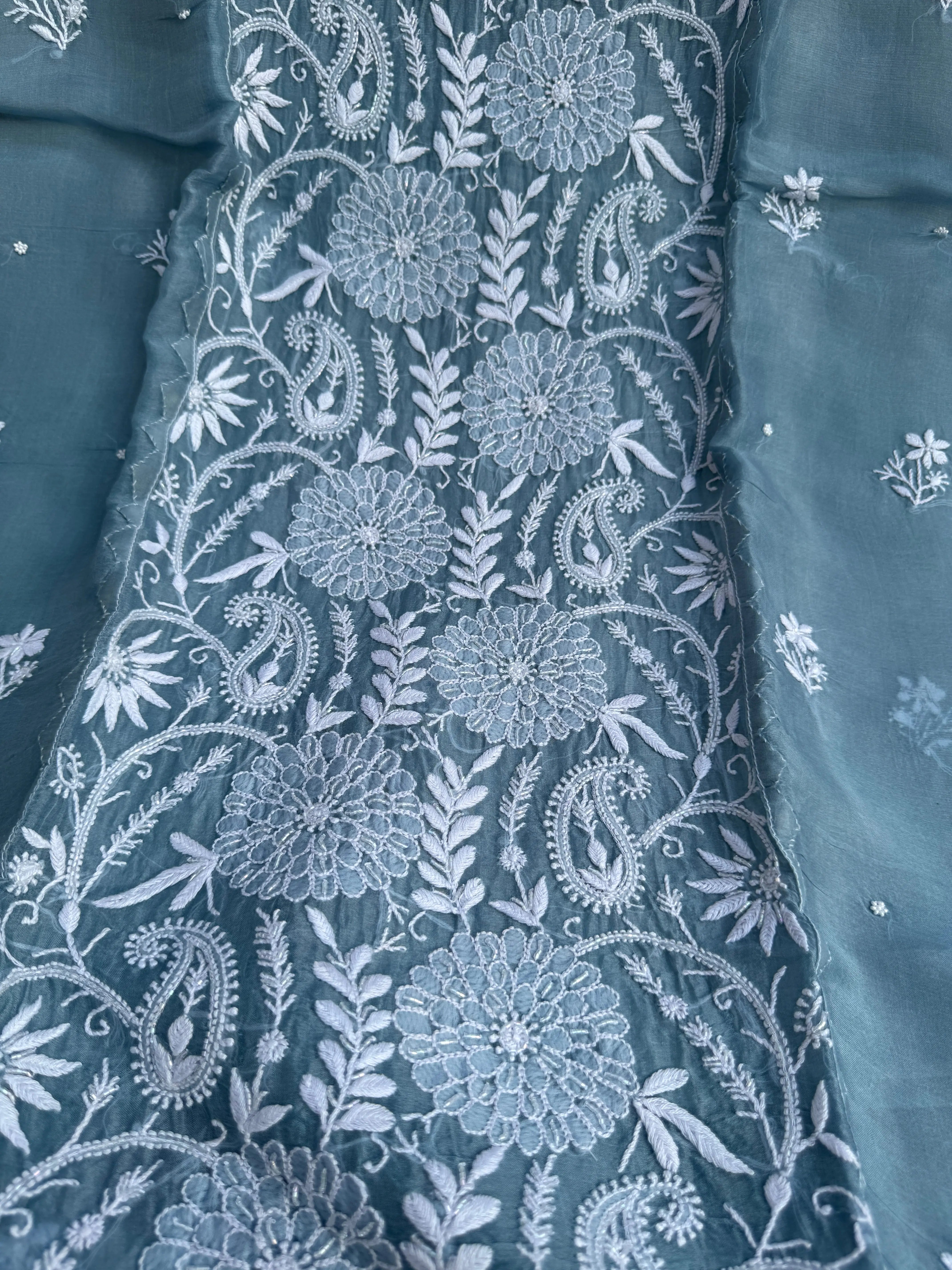 Organza Chikankari Length with Dupatta (Pearl Work) - Blue Grey ARIAA CHIKANKARI