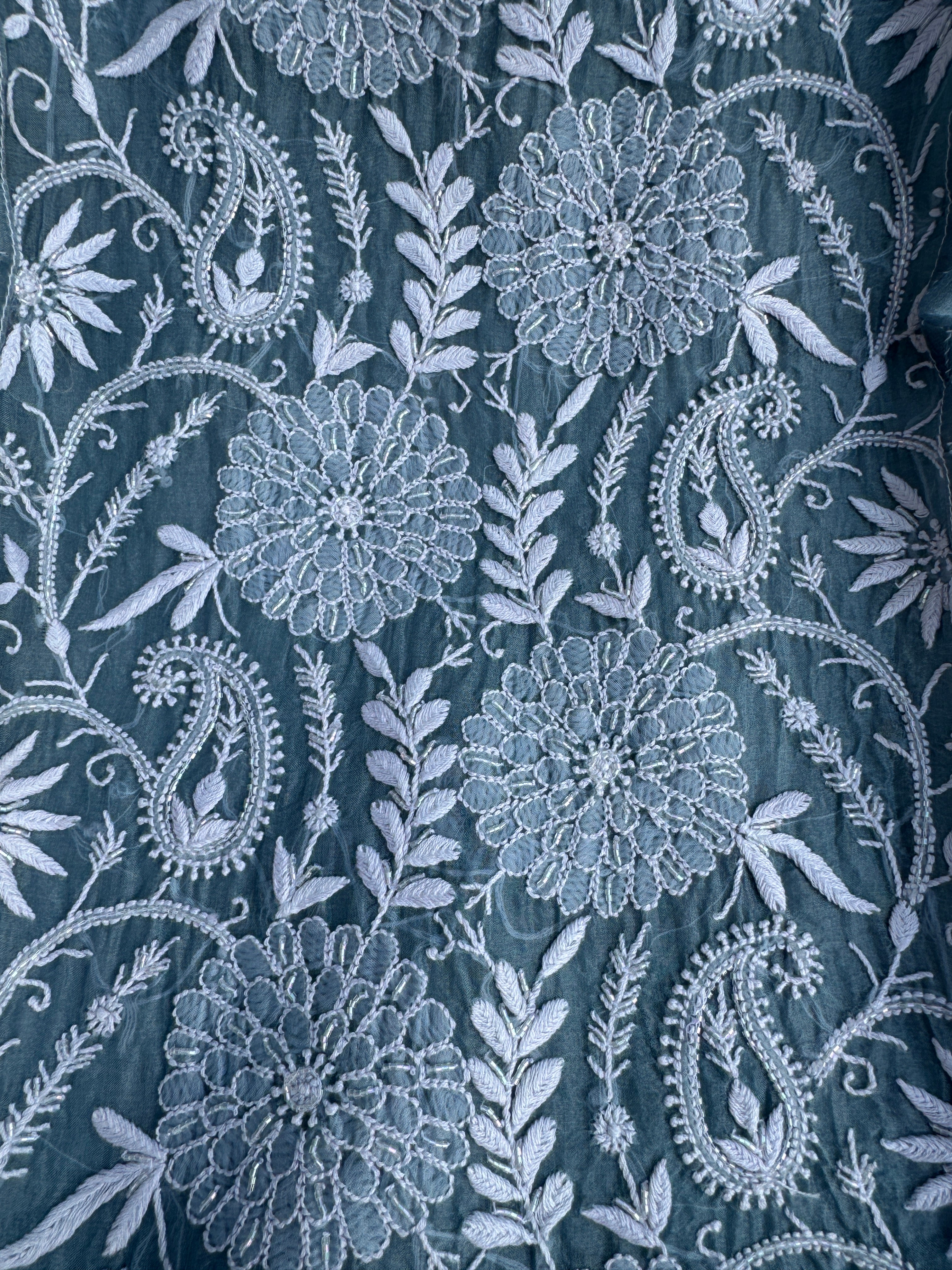 Organza Chikankari Length with Dupatta (Pearl Work) - Blue Grey