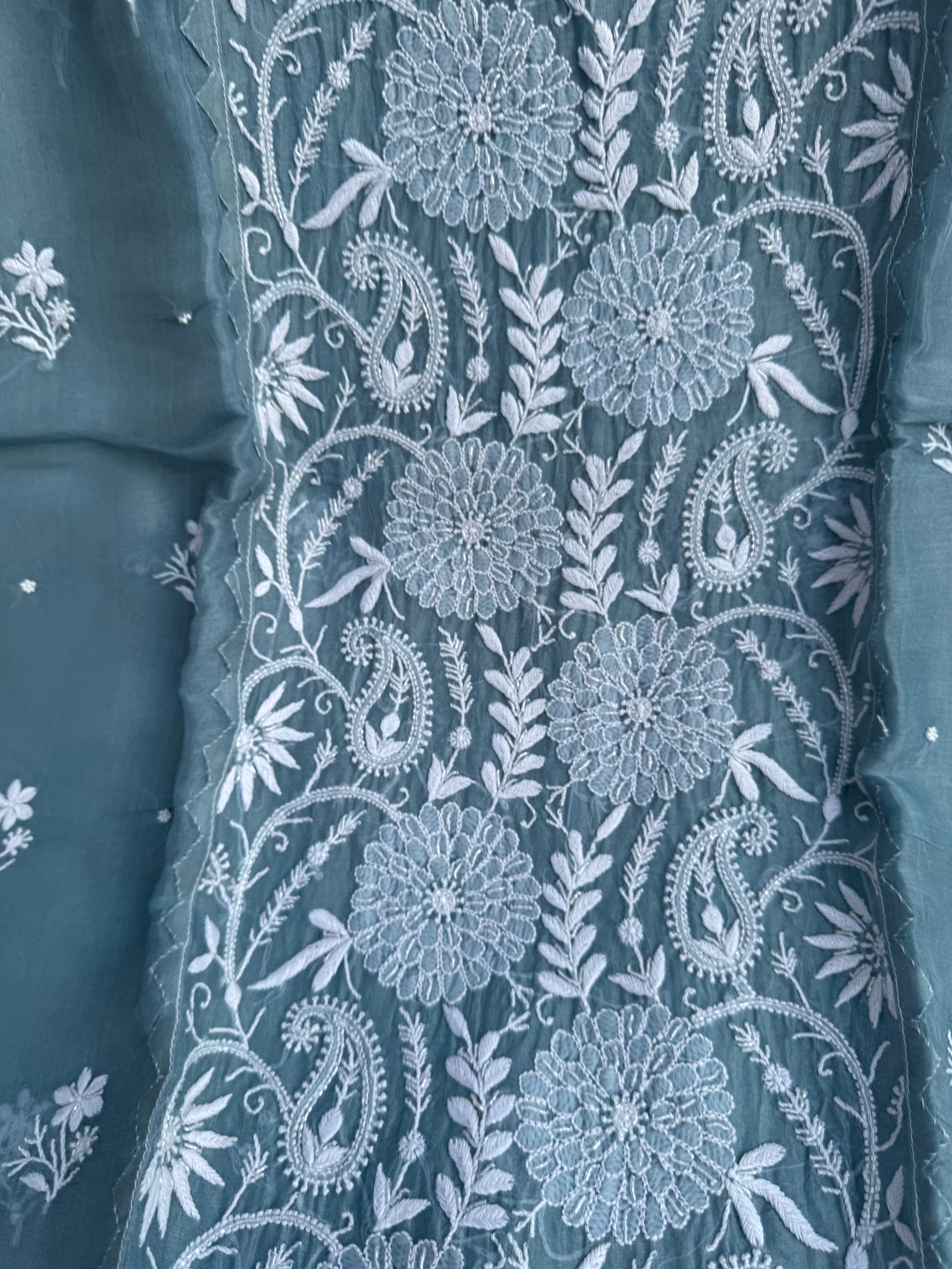 Organza Chikankari Length with Dupatta (Pearl Work) - Blue Grey
