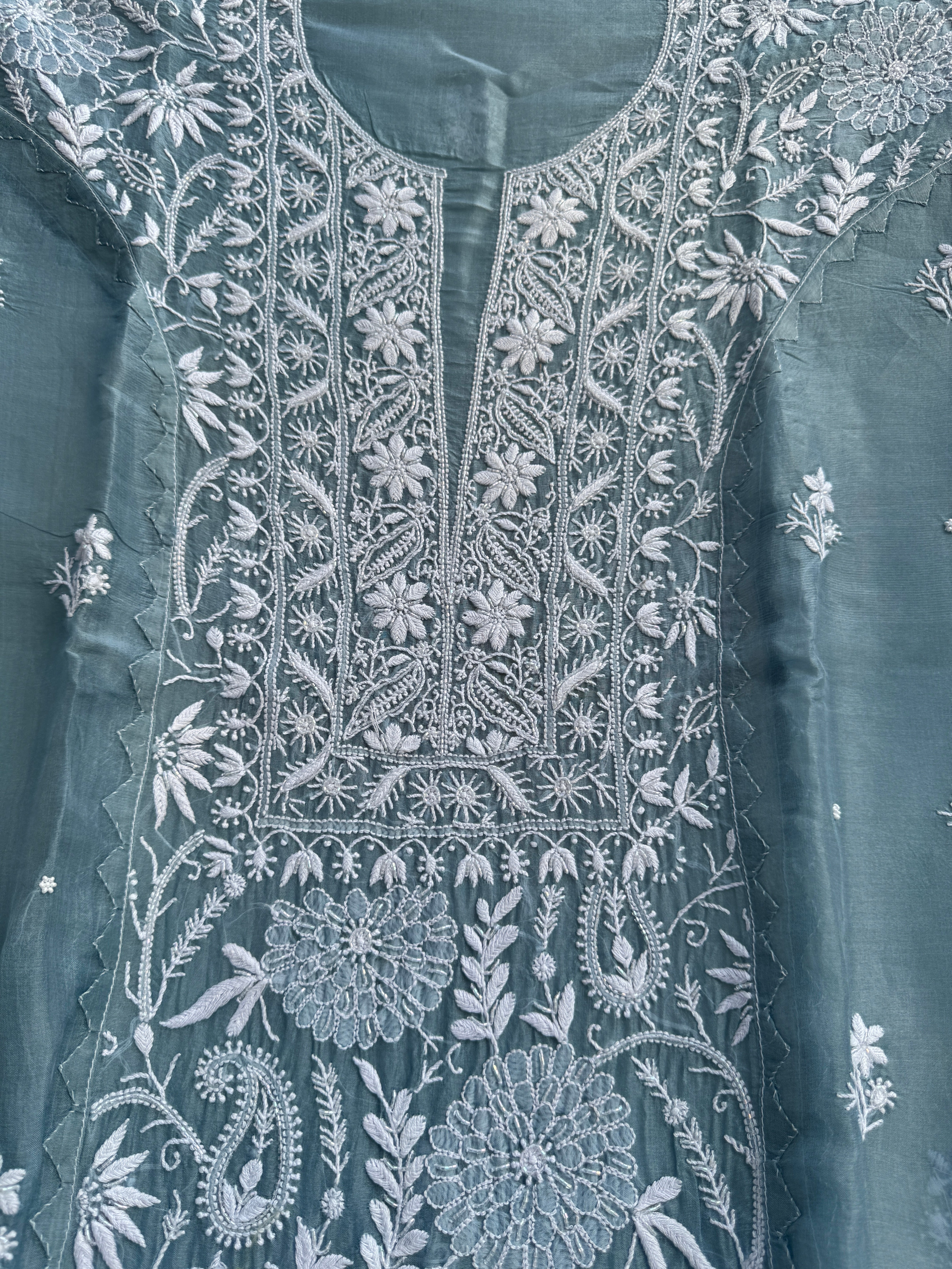 Organza Chikankari Length with Dupatta (Pearl Work) - Blue Grey