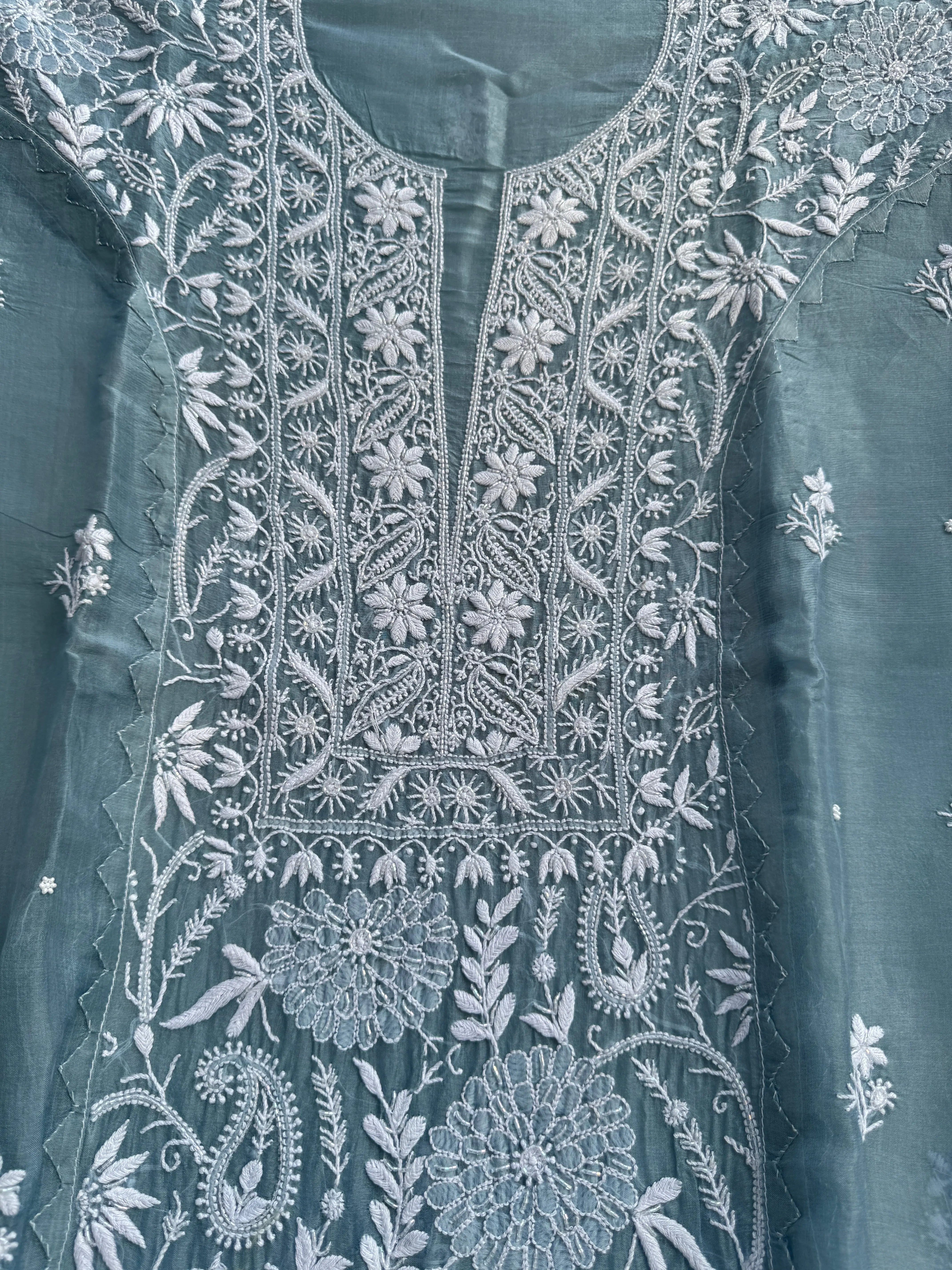 Organza Chikankari Length with Dupatta (Pearl Work) - Blue Grey ARIAA CHIKANKARI