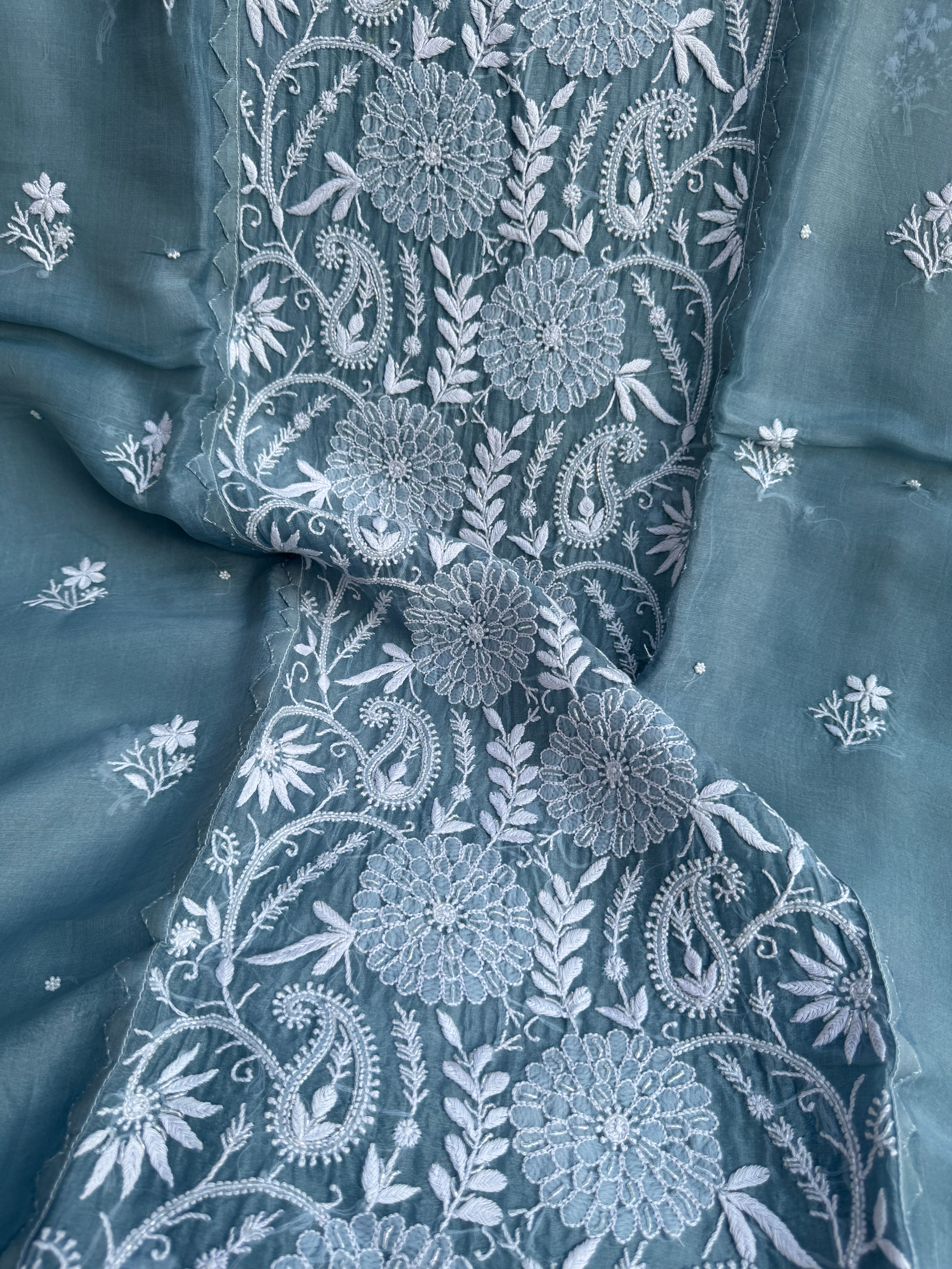 Organza Chikankari Length with Dupatta (Pearl Work) - Blue Grey