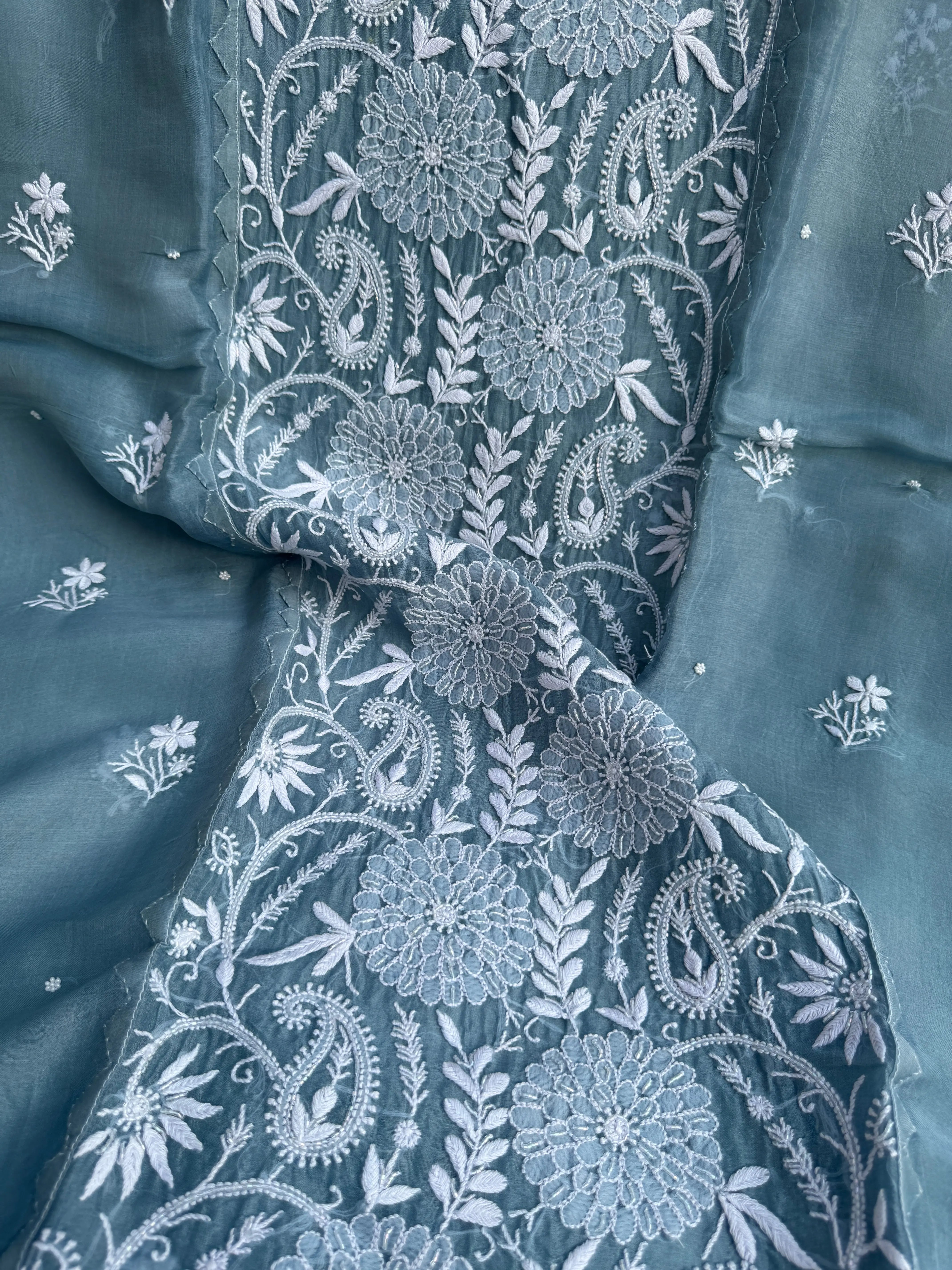 Organza Chikankari Length with Dupatta (Pearl Work) - Blue Grey ARIAA CHIKANKARI