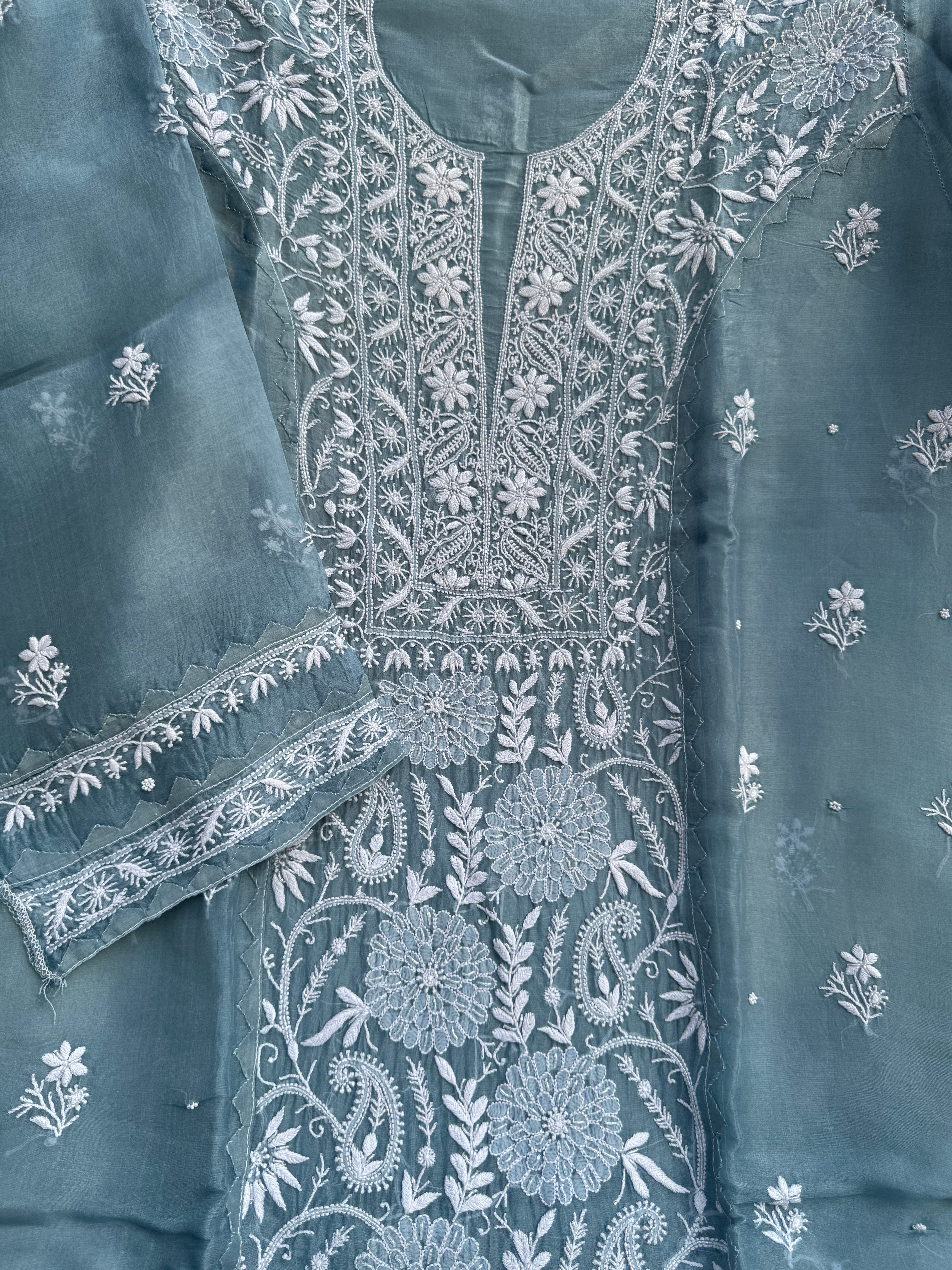 Organza Chikankari Length with Dupatta (Pearl Work) - Blue Grey