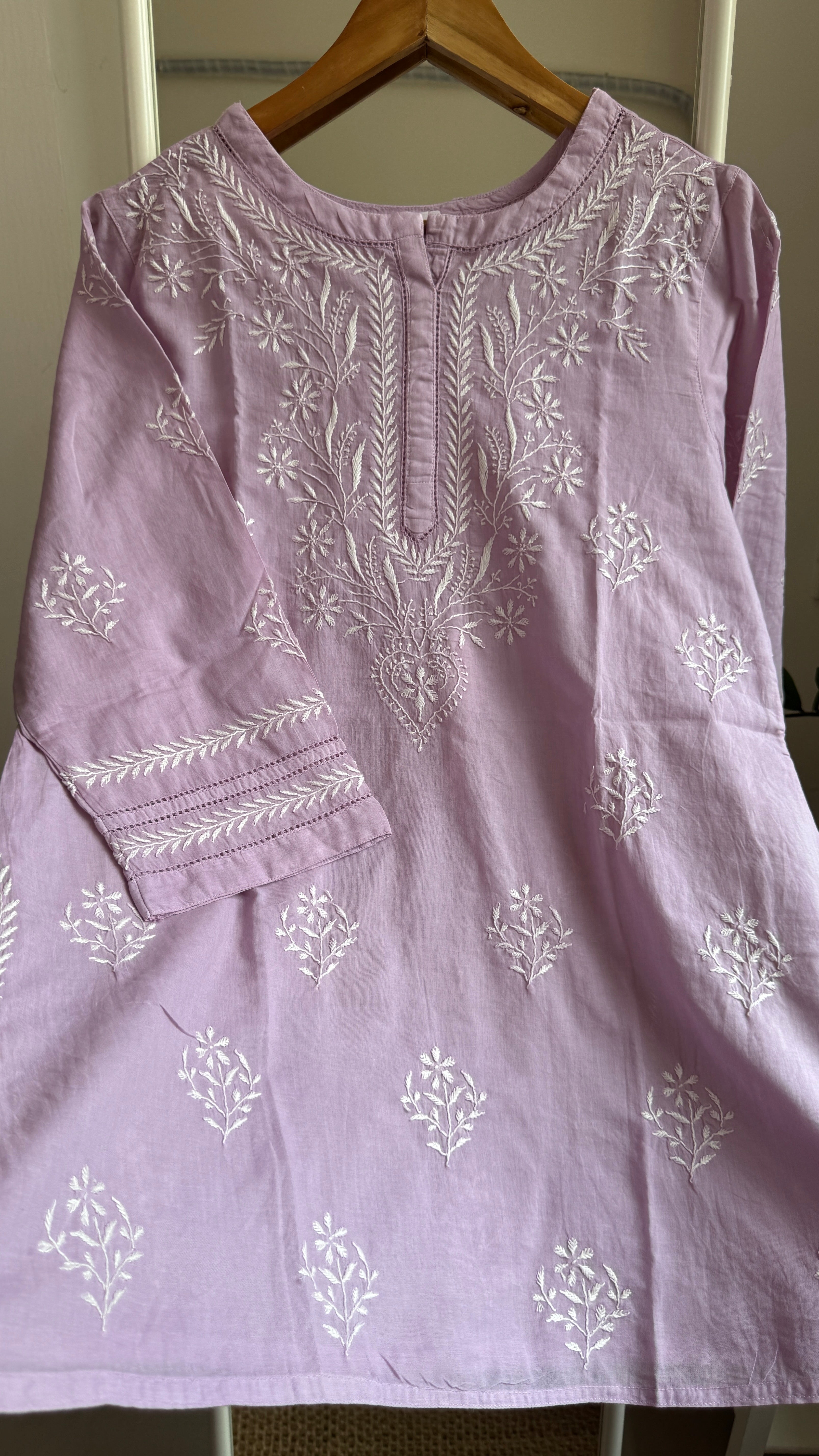 Mul Cotton Chikankari Full sleeves short Top - Mauve - ZOYA Collection