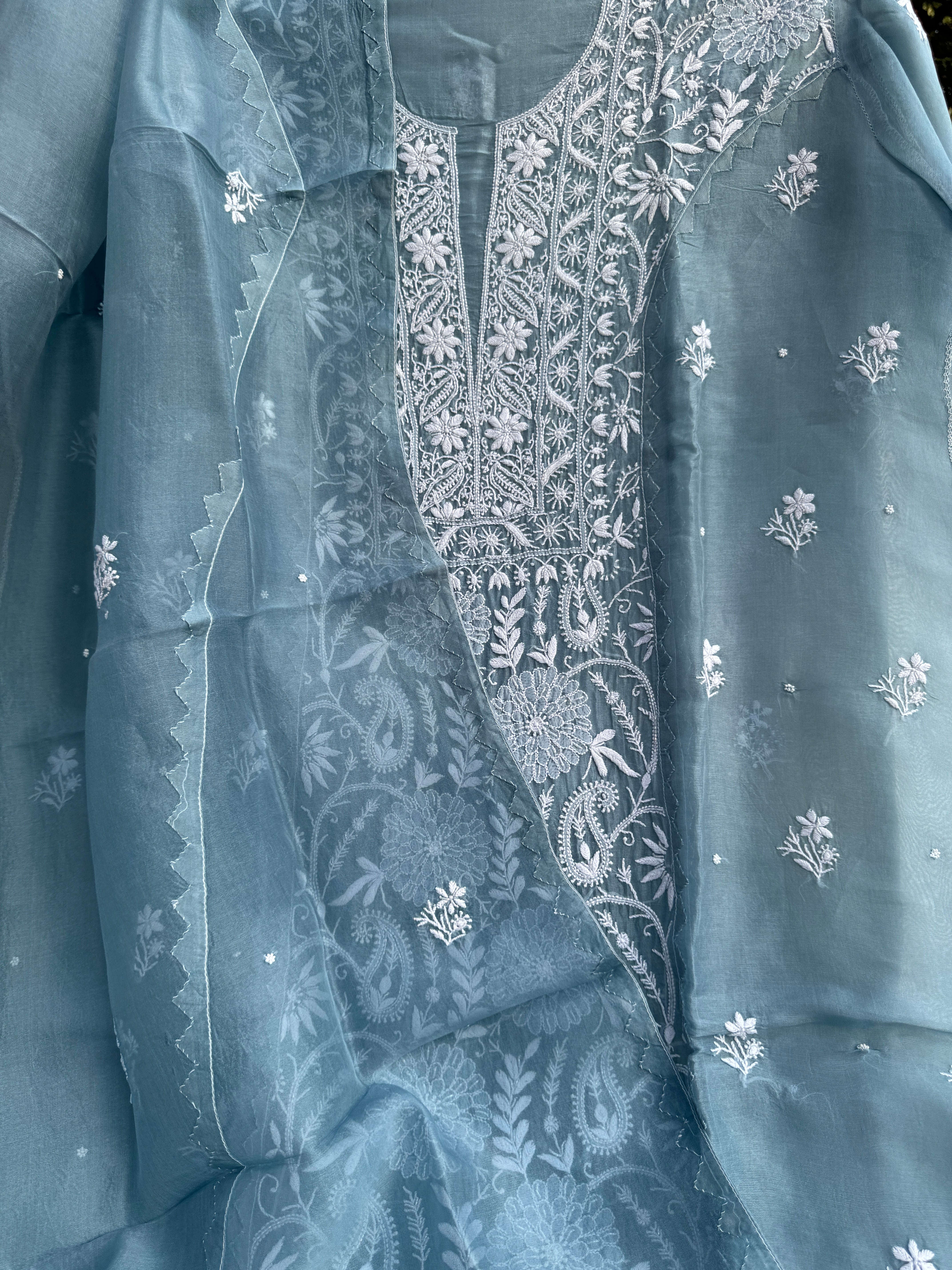 Organza Chikankari Length with Dupatta (Pearl Work) - Blue Grey