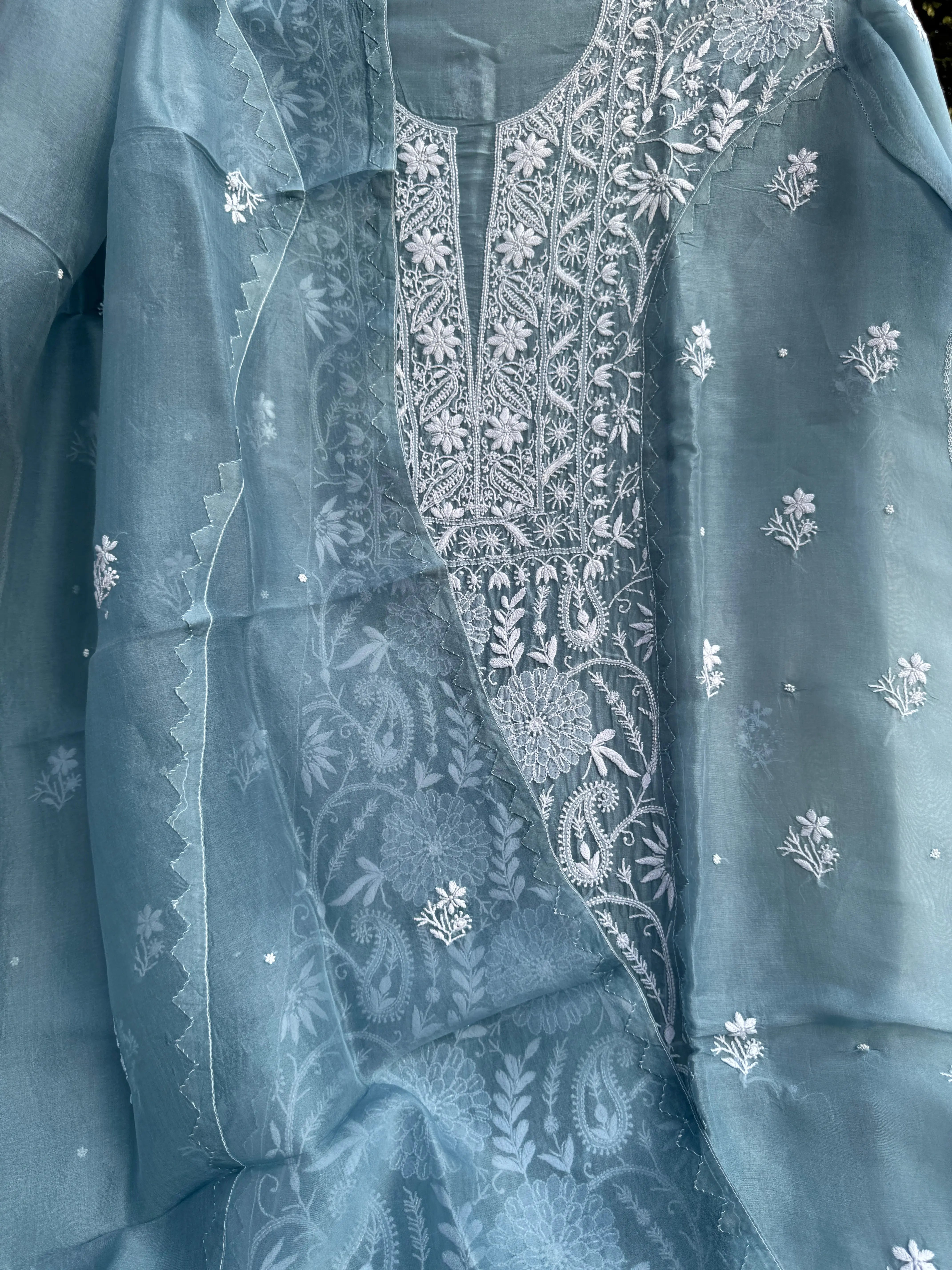 Organza Chikankari Length with Dupatta (Pearl Work) - Blue Grey ARIAA CHIKANKARI