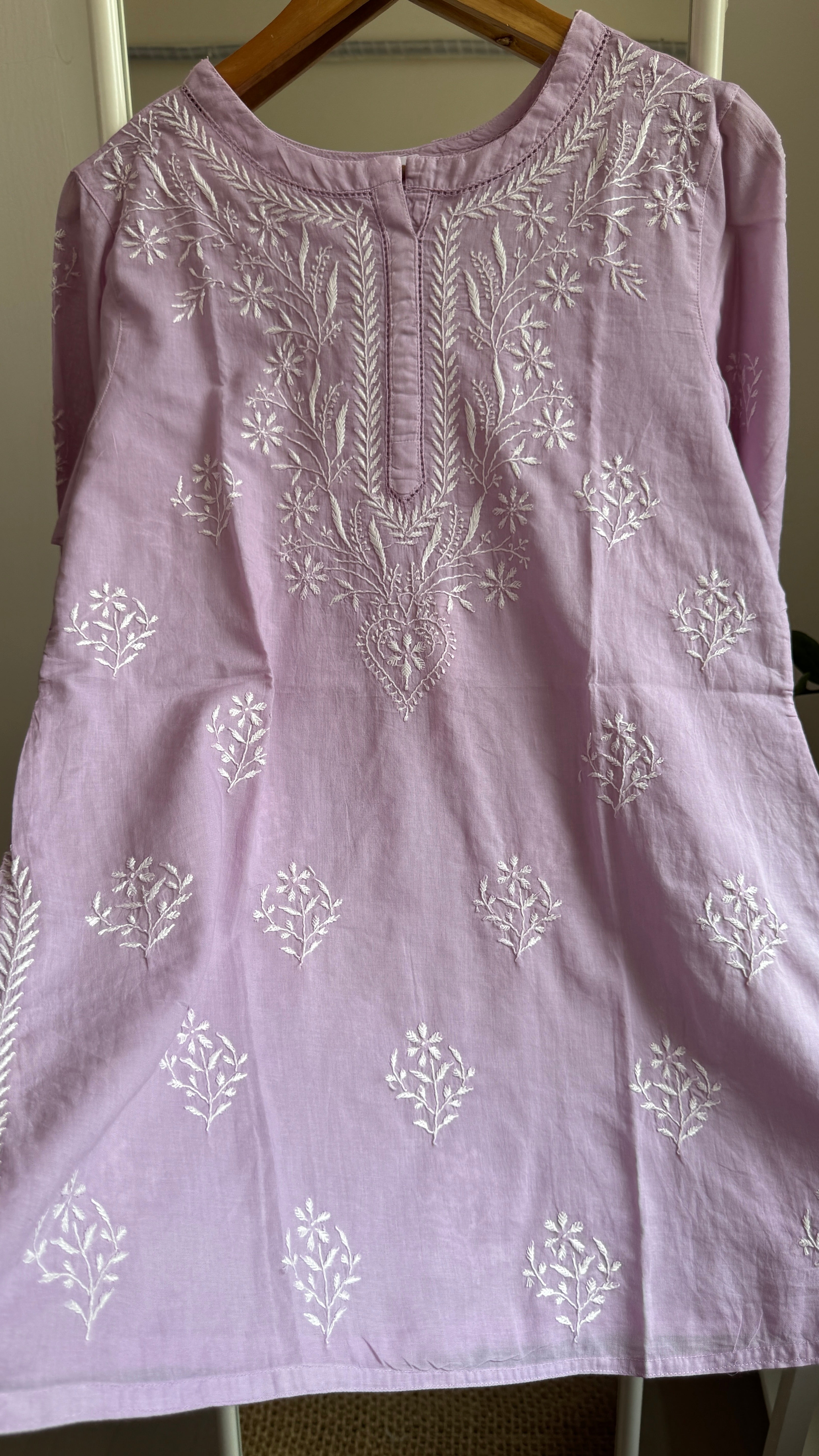 Mul Cotton Chikankari Full sleeves short Top - Mauve - ZOYA Collection