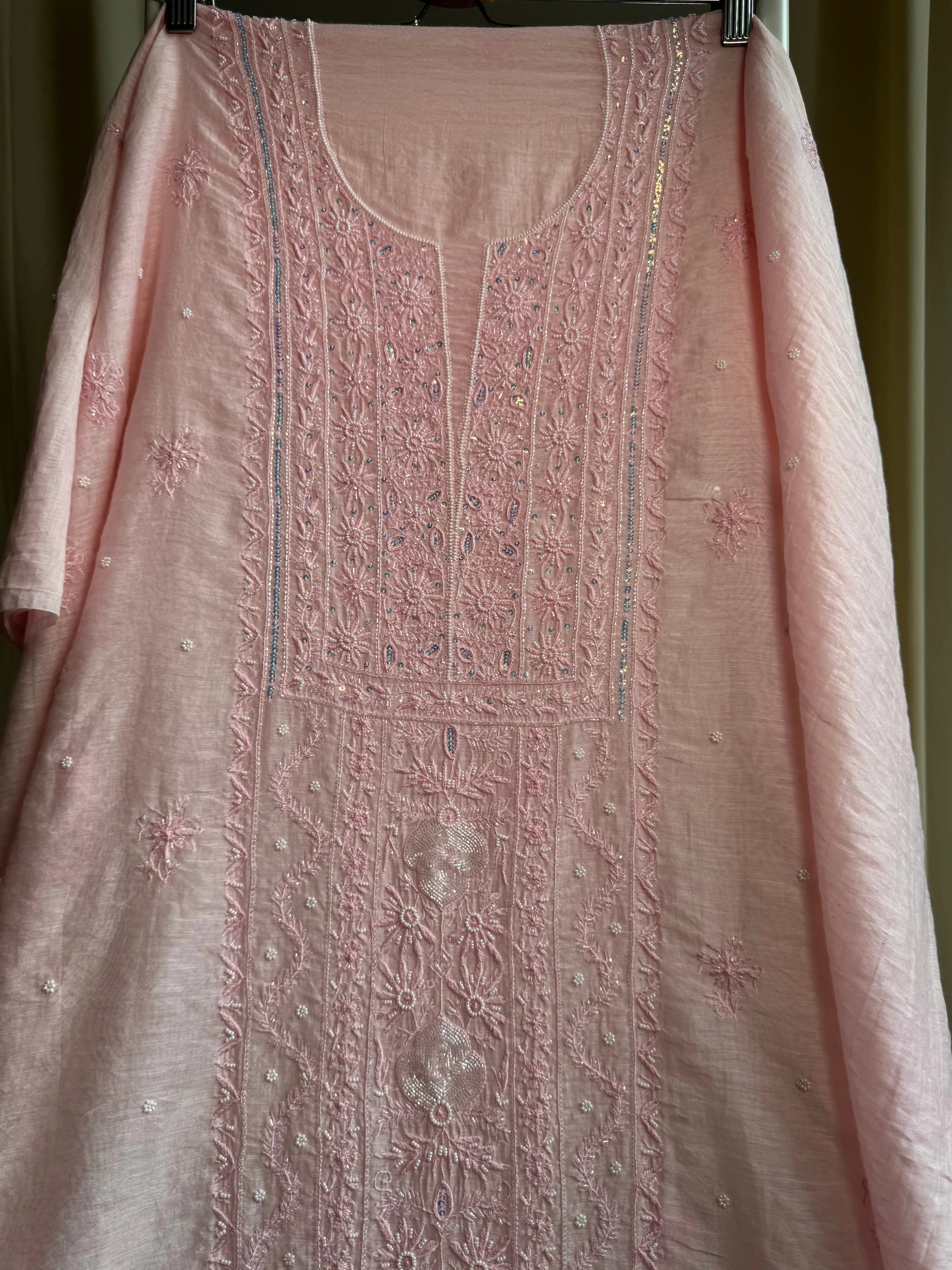 Mul Chanderi Semi stitched Straight - Baby Pink ARIAA CHIKANKARI