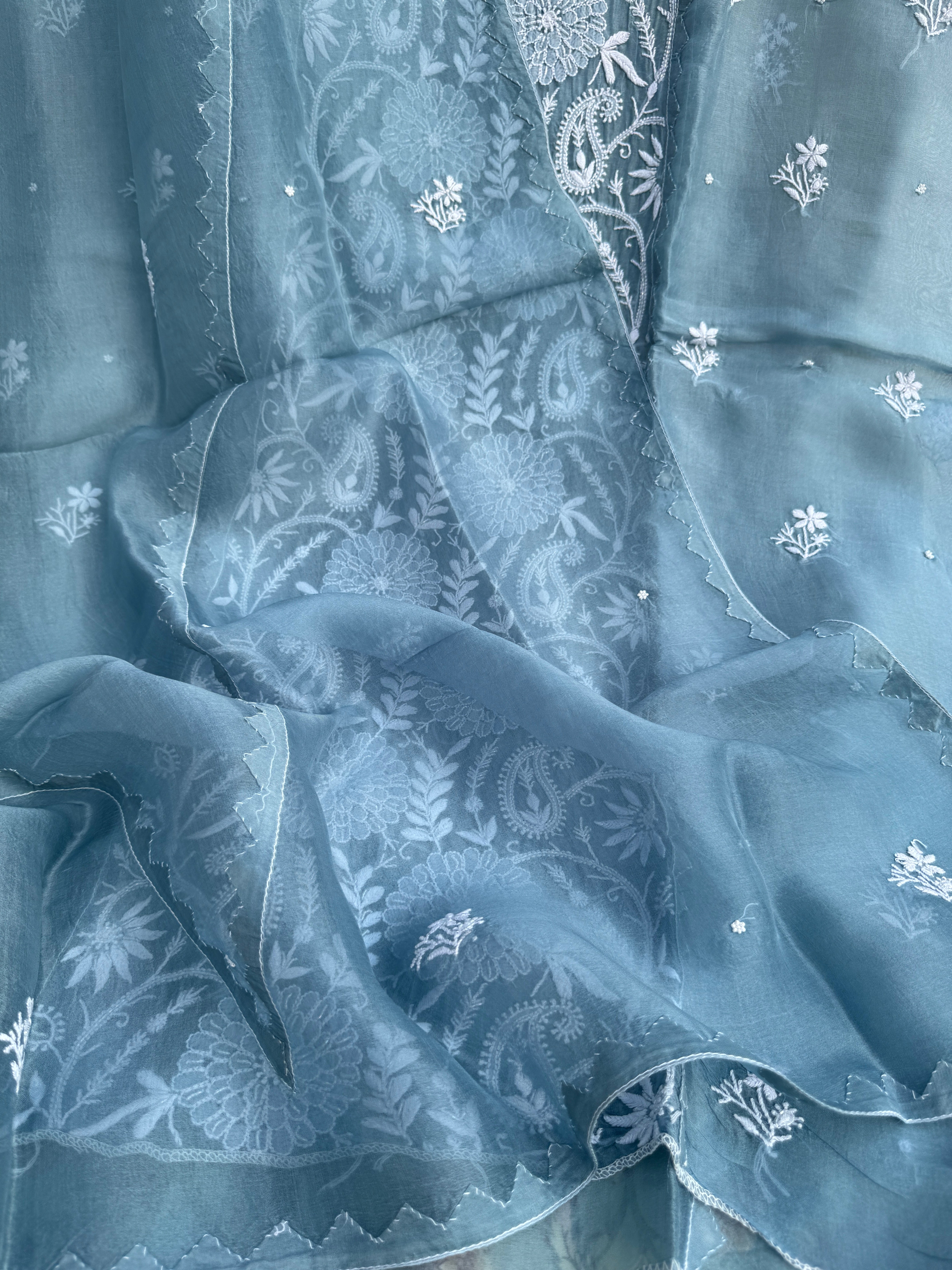 Organza Chikankari Length with Dupatta (Pearl Work) - Blue Grey