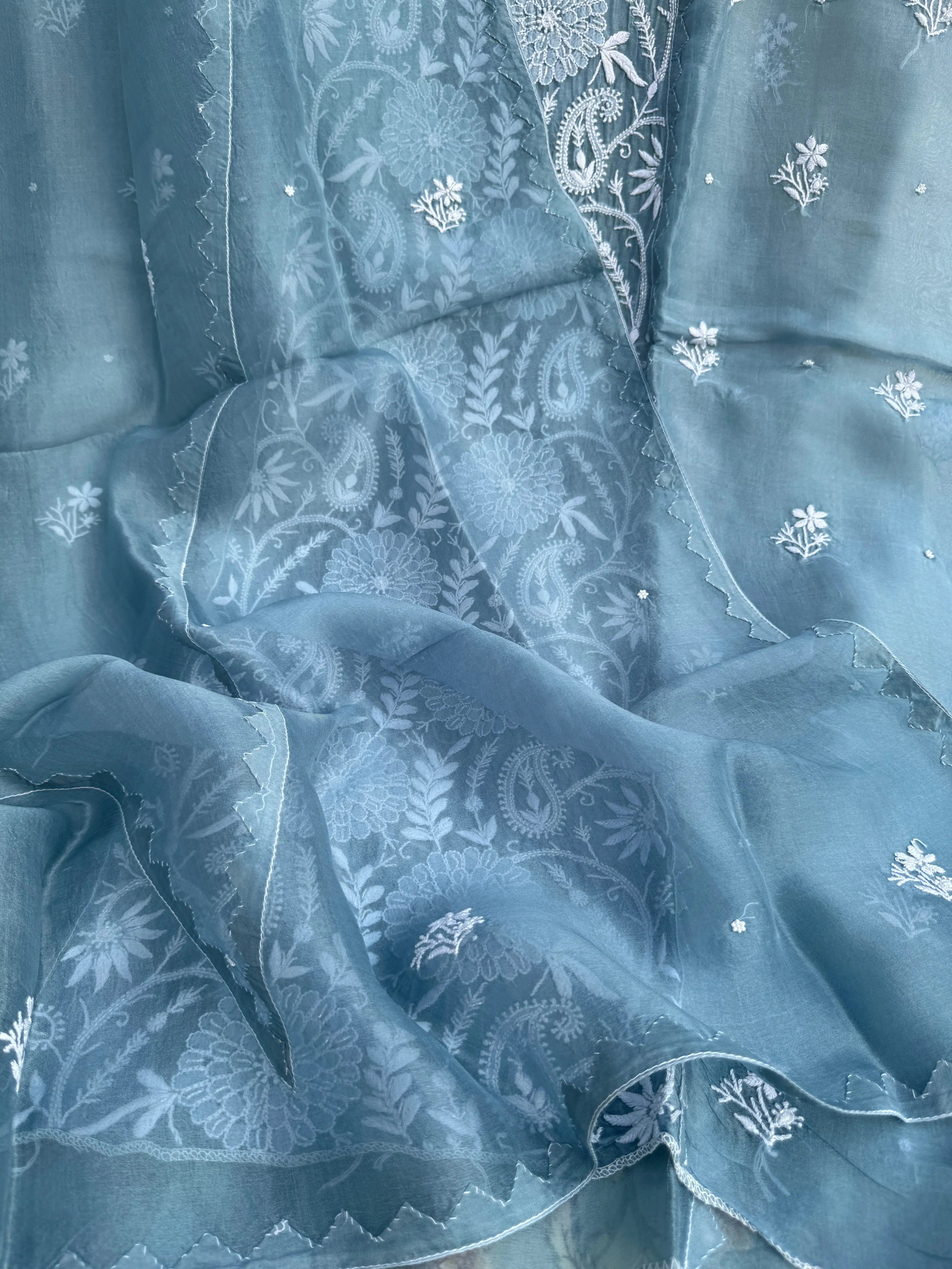Organza Chikankari Length with Dupatta (Pearl Work) - Blue Grey ARIAA CHIKANKARI