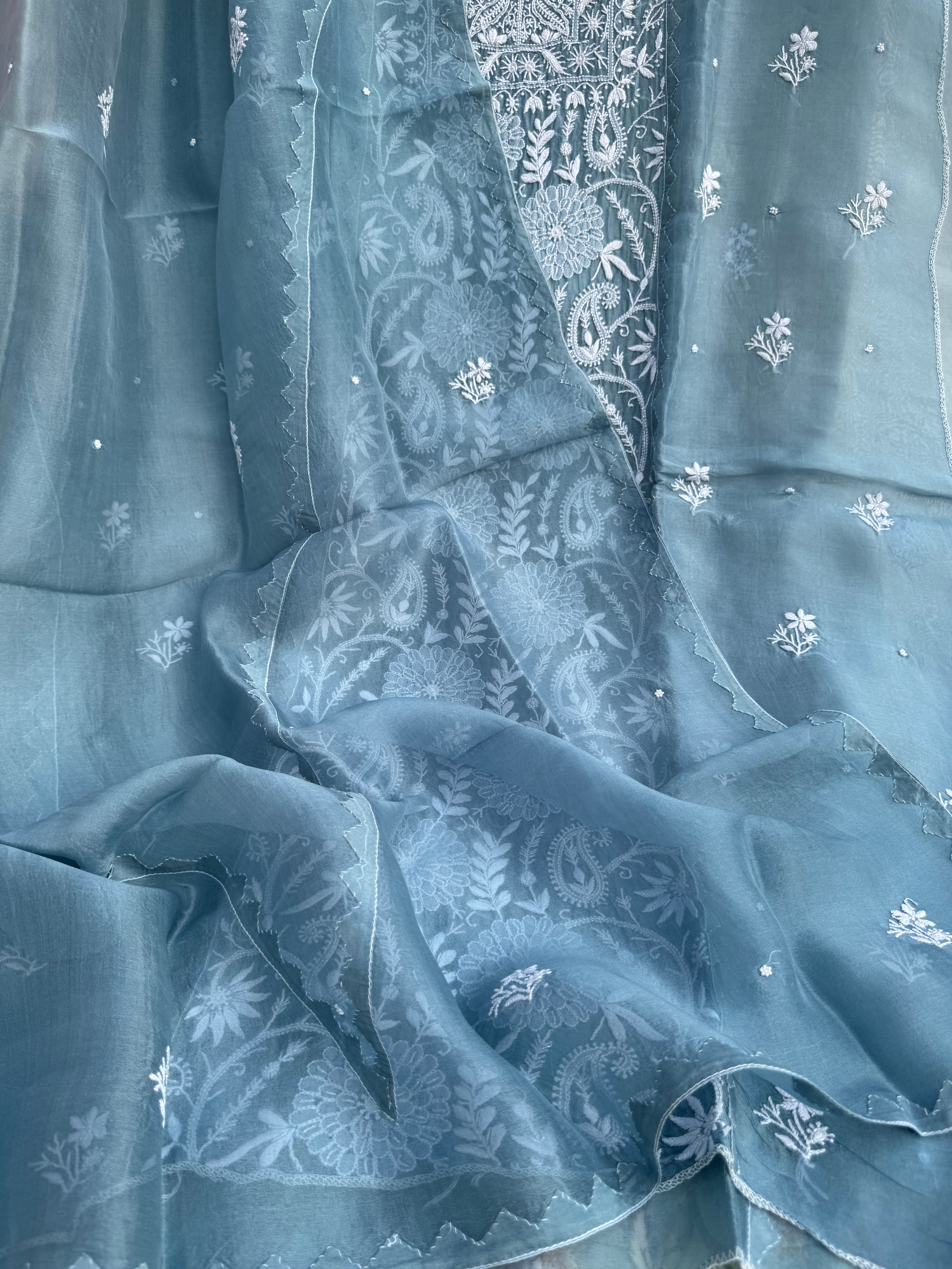 Organza Chikankari Length with Dupatta (Pearl Work) - Blue Grey