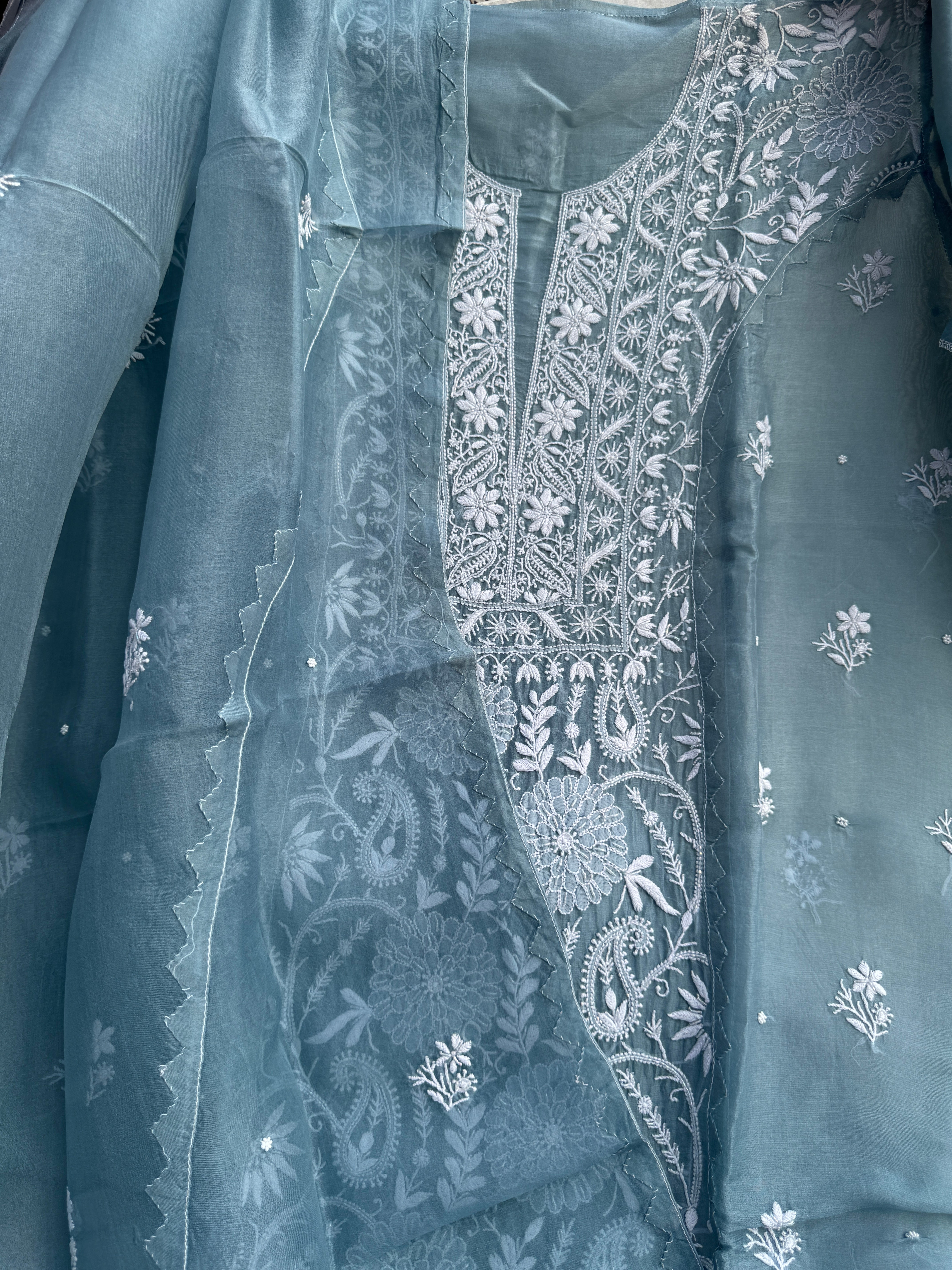 Organza Chikankari Length with Dupatta (Pearl Work) - Blue Grey