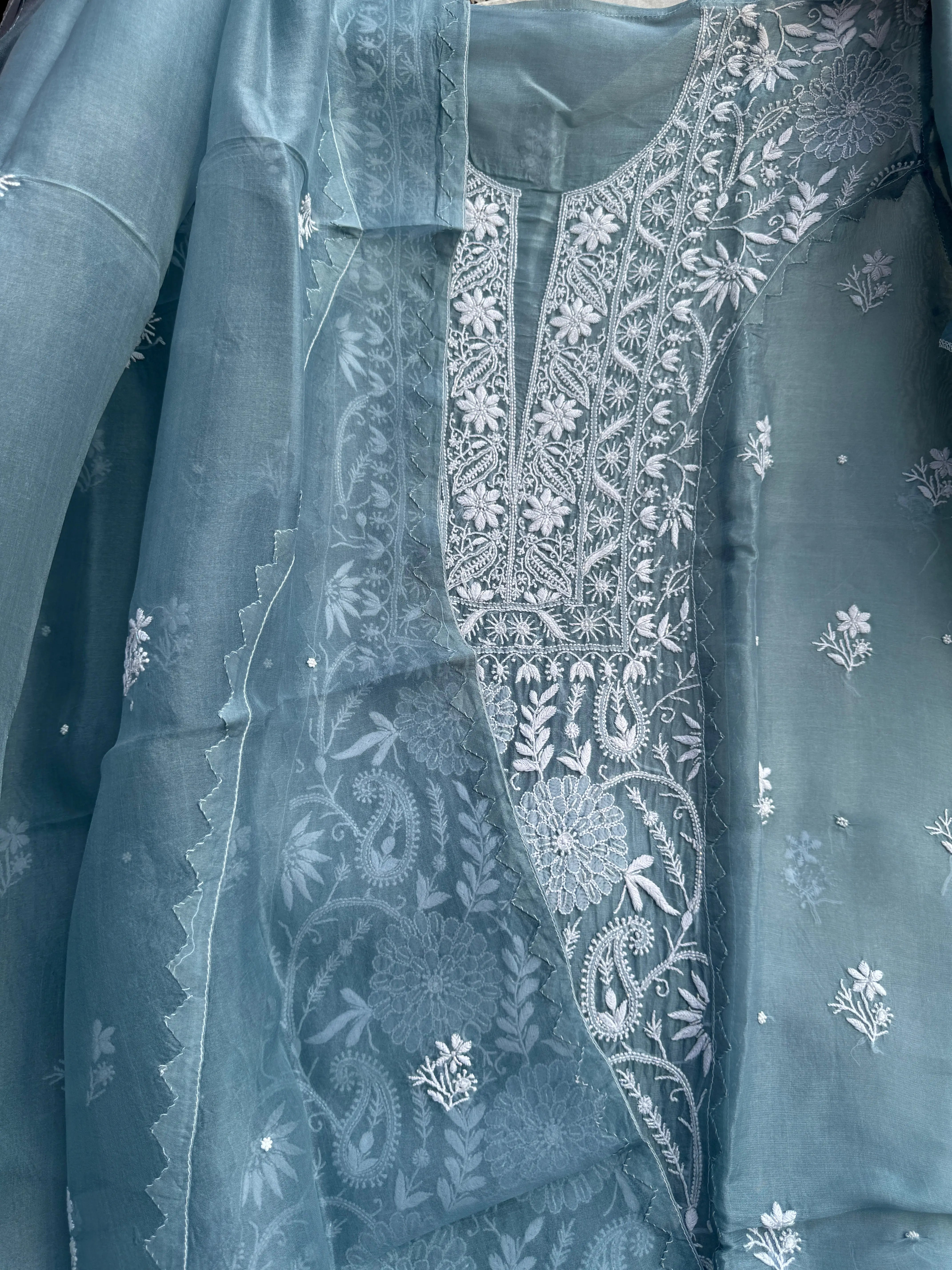 Organza Chikankari Length with Dupatta (Pearl Work) - Blue Grey ARIAA CHIKANKARI