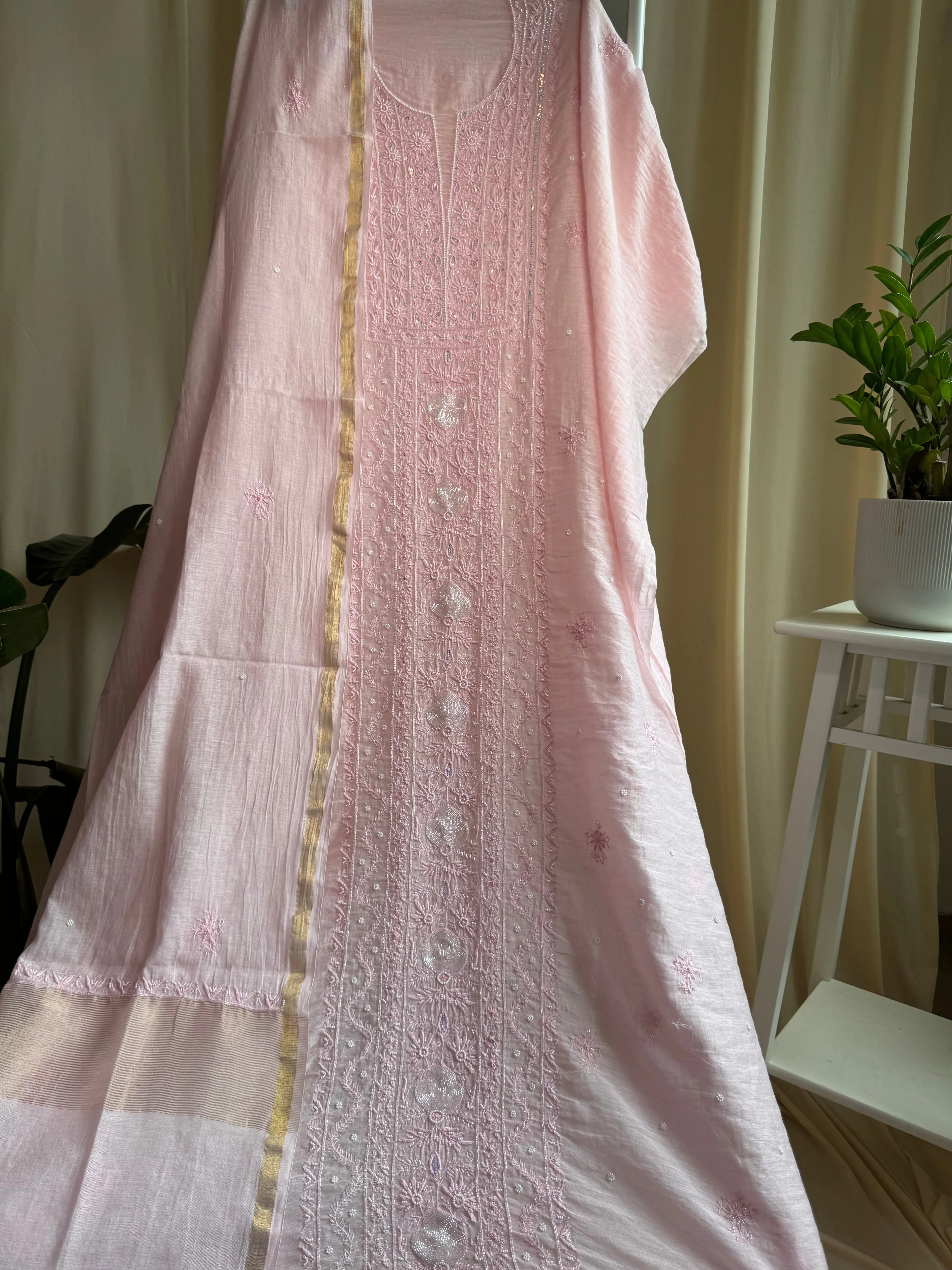 Mul Chanderi Semi stitched Straight - Baby Pink ARIAA CHIKANKARI