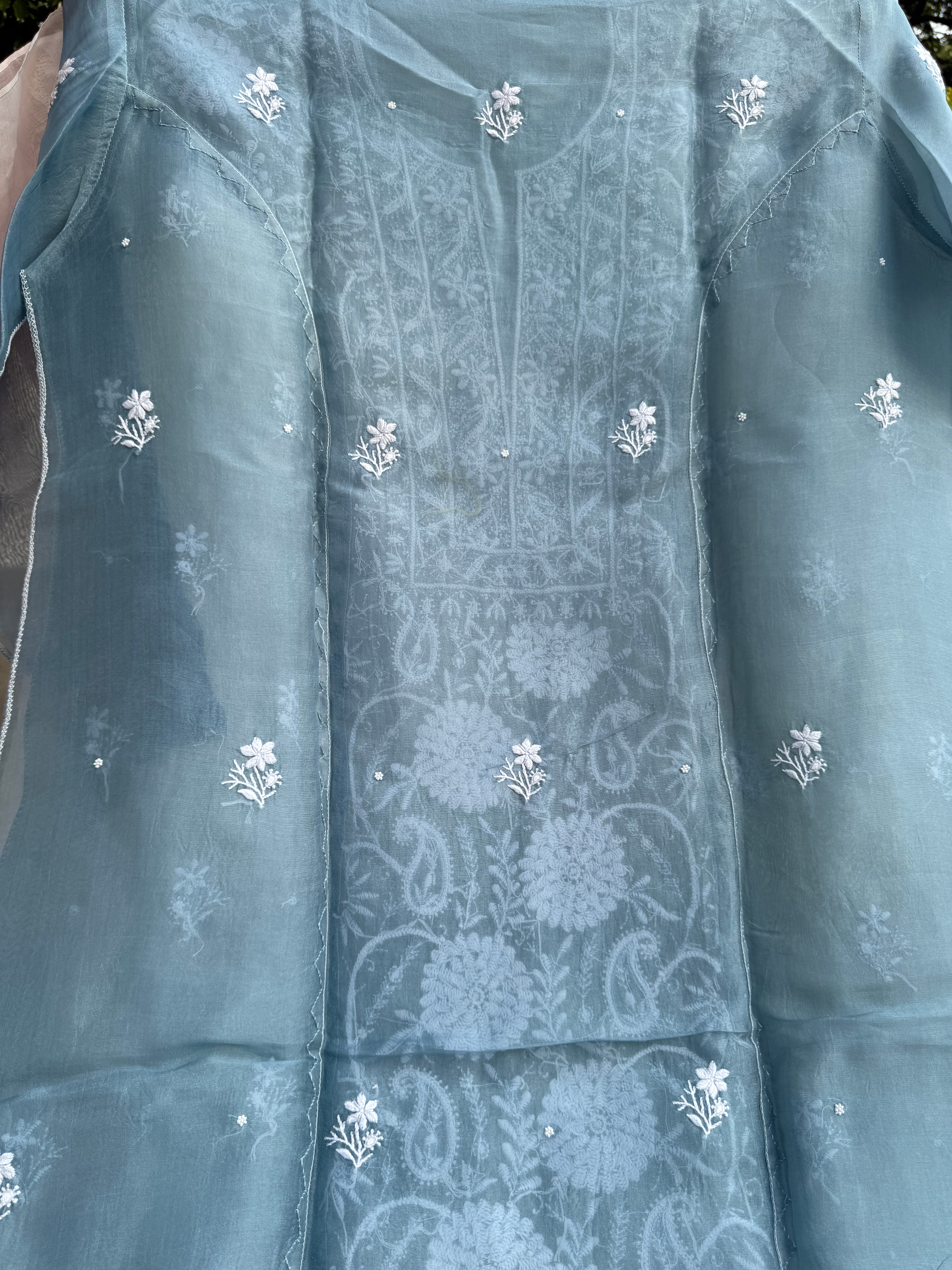 Organza Chikankari Length with Dupatta (Pearl Work) - Blue Grey